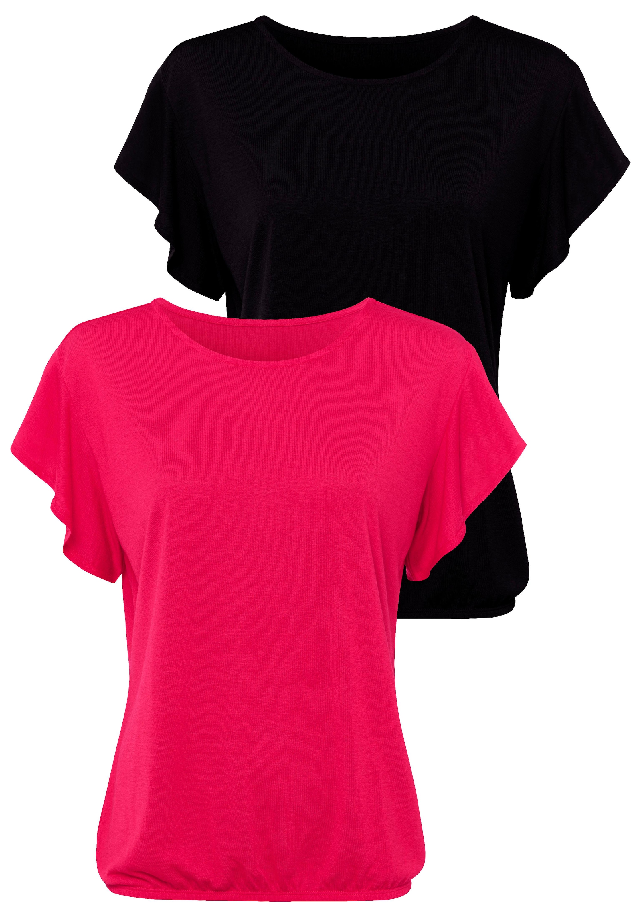 Image of LASCANA Rundhalsshirt "mit Volantärmeln" 2er-Pack, leichte Qualität mit Viskose