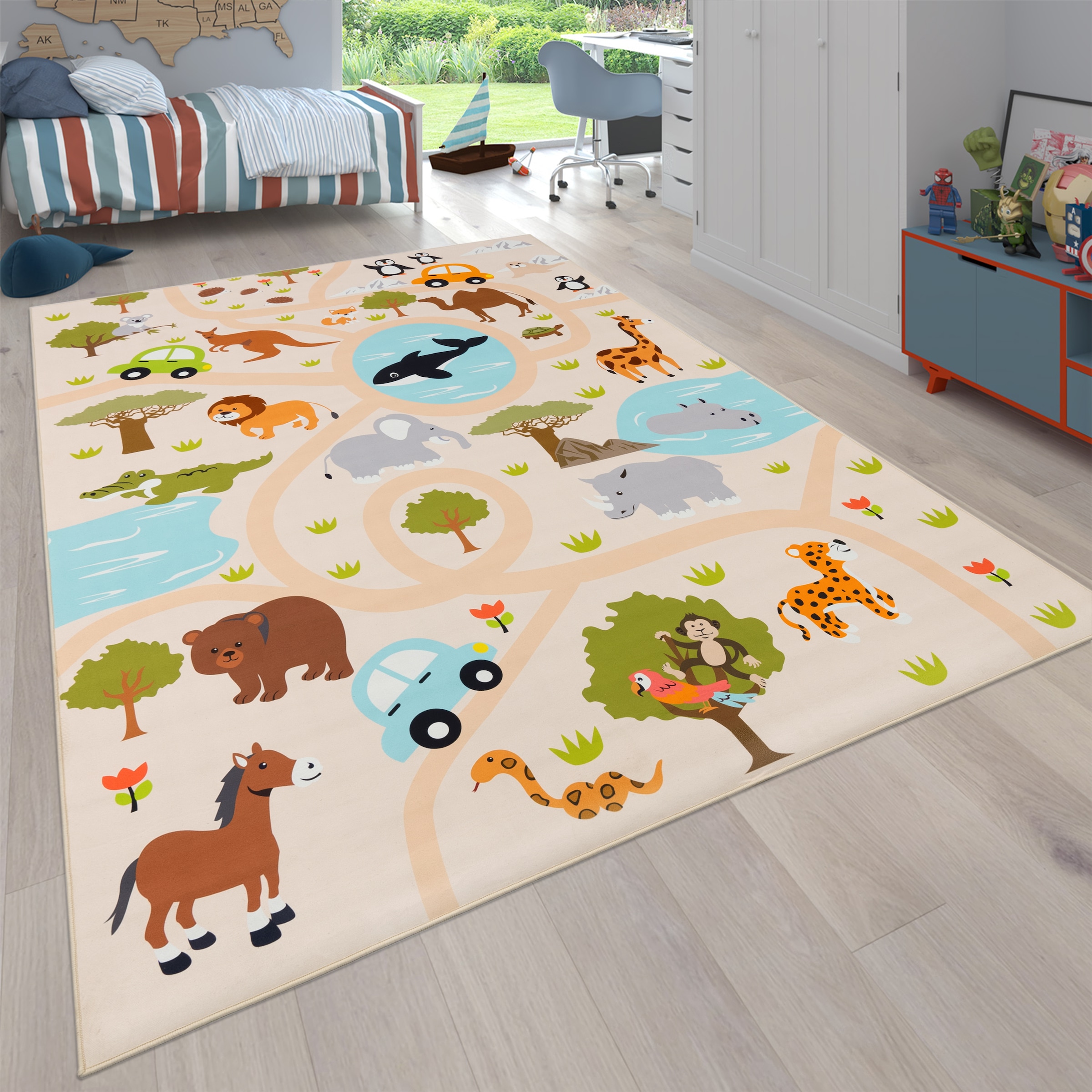 Image of Paco Home Kinderteppich "Bino 580" rechteckig 4 mm Höhe Spielteppich, Motiv Strasse & Autos, Kinderzimmer