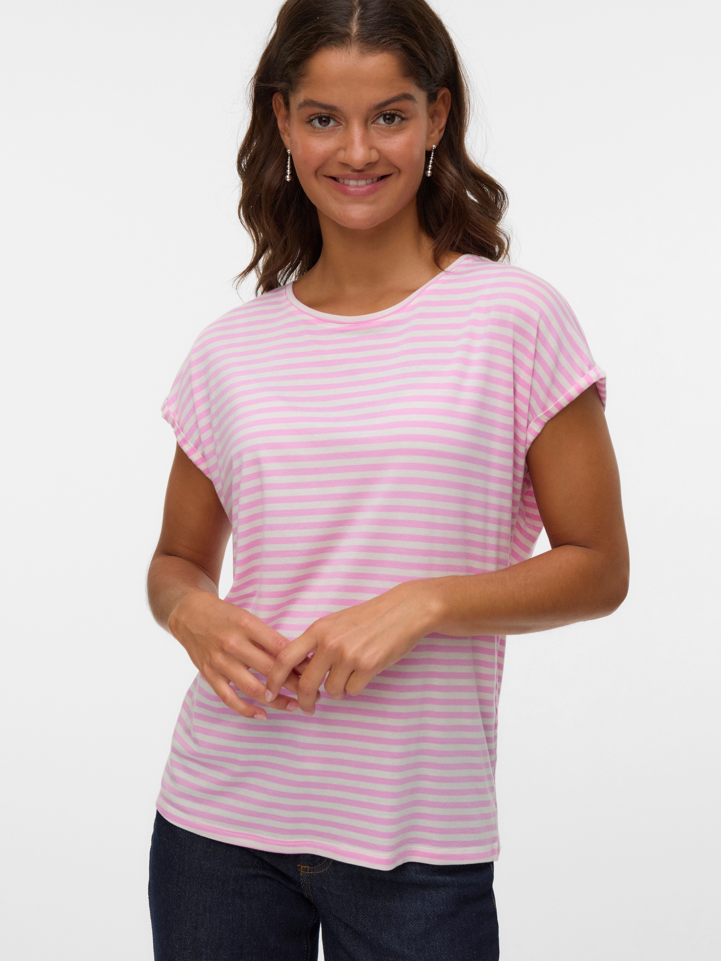 Image of Vero Moda Rundhalsshirt "VMAVA PLAIN SS TOP STRIPE GA JRS NOOS" Materialmix, regular fit
