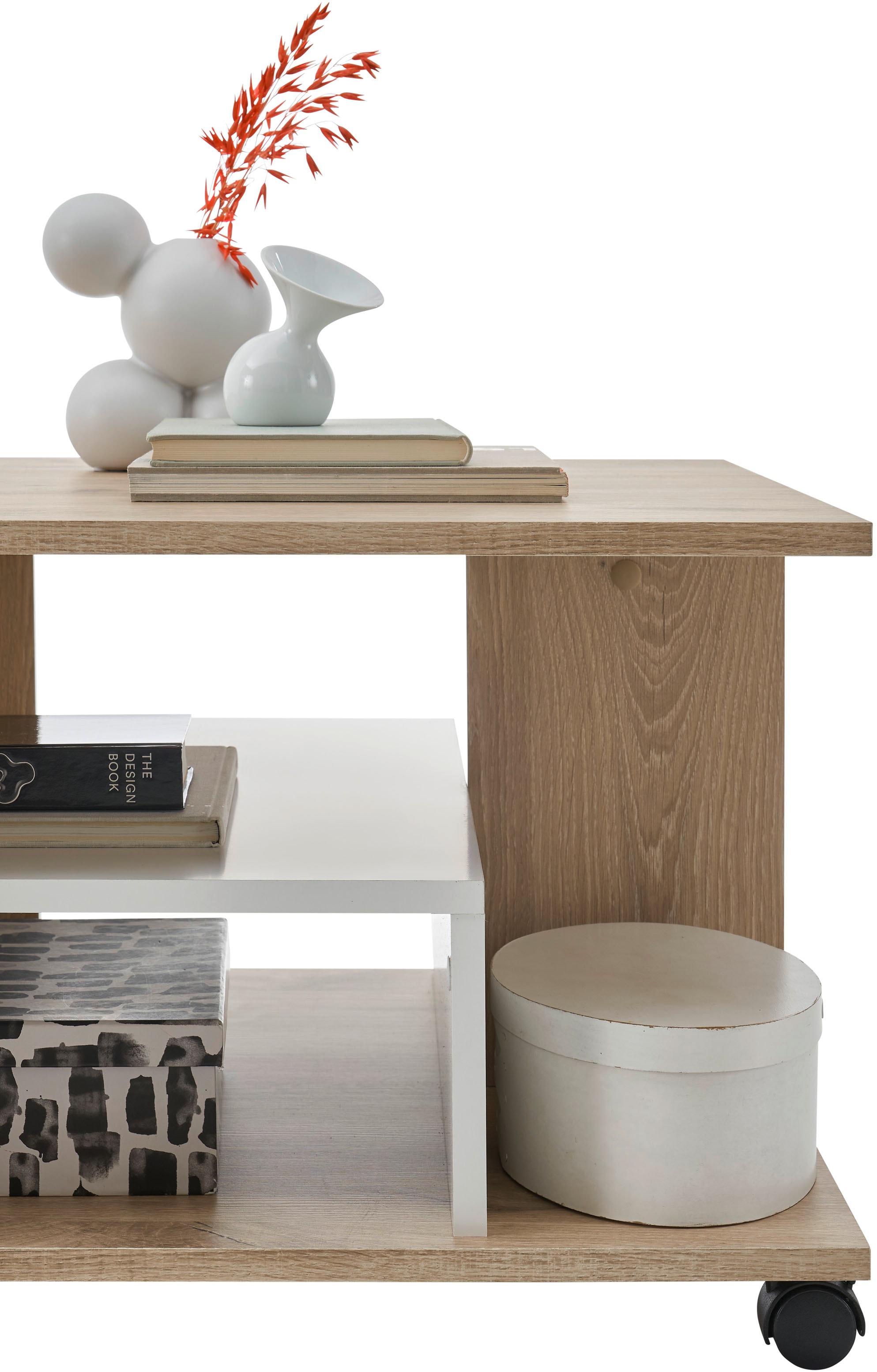 Stolkom Couchtisch »Marti rollbar mit Ablageböden, Rima Oak weiss, BxHxT 110x42,5x60 cm«, Rollbar, mehrere Ablageböden in Rima Oak weiss