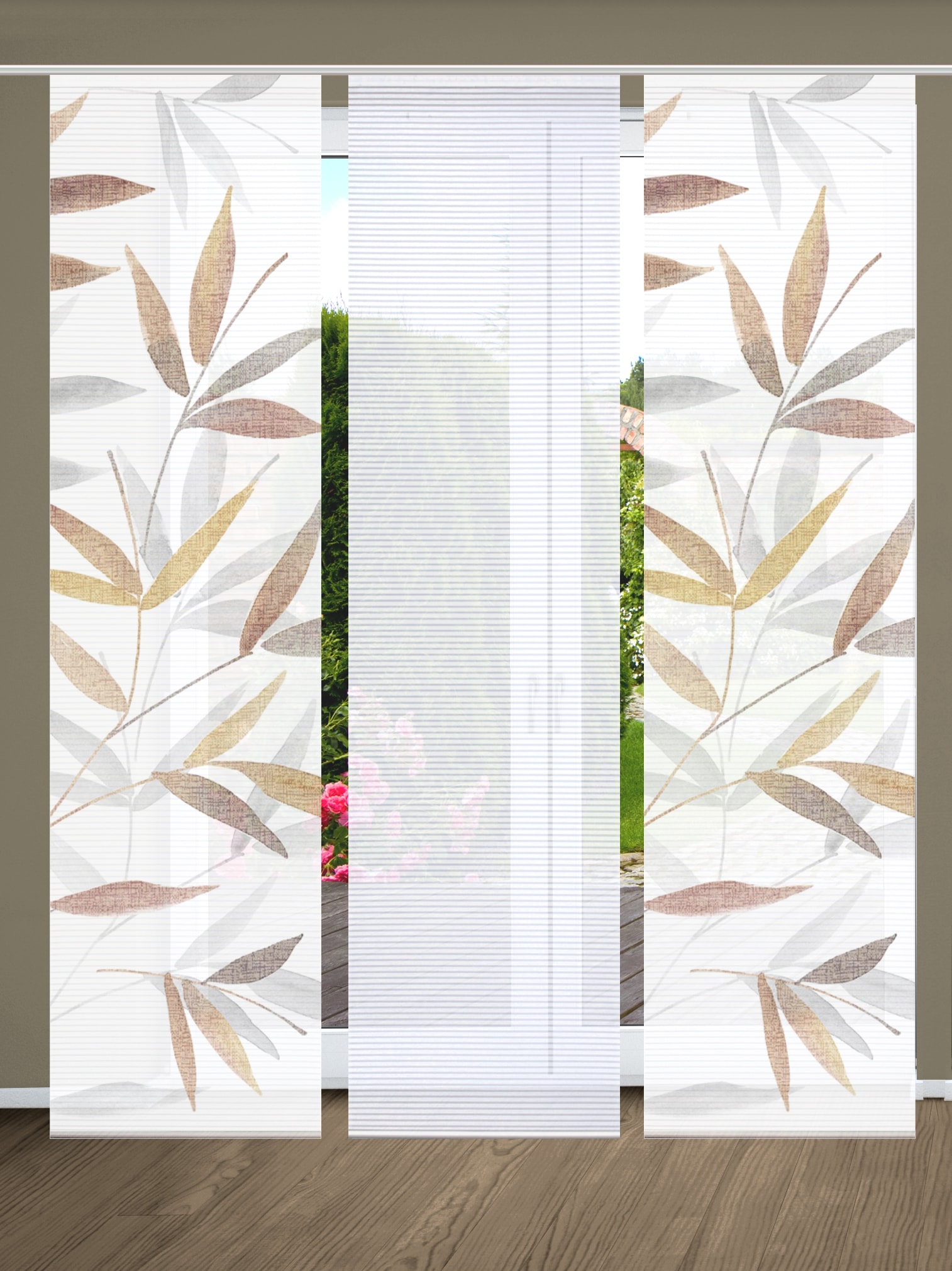 Image of HOME in green Schiebegardine "RANDOW, 3 Stück, Paneelwagen, halbtransparent, Bambus-Optik" Paneelwagen 3 Stk. tlg. SET DIGITALDRUCK,BAMBUSOPTIK RECYCELT