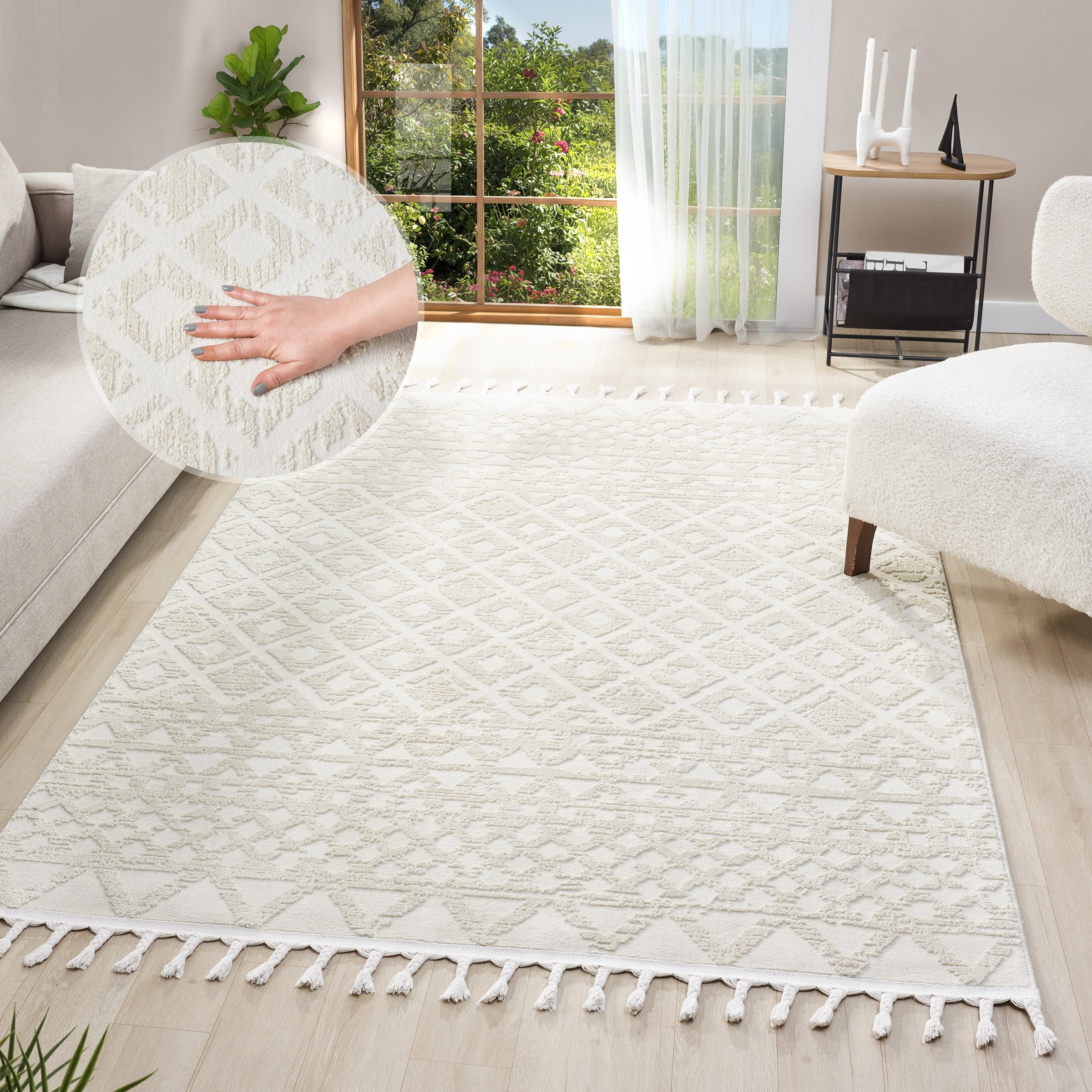 Image of GOODproduct Teppich "Ribeyret" rechteckig 11 mm Höhe mit Fransen, Hoch-Tief-Struktur, Woll-Look, Boho-Style, Wohnzimmer