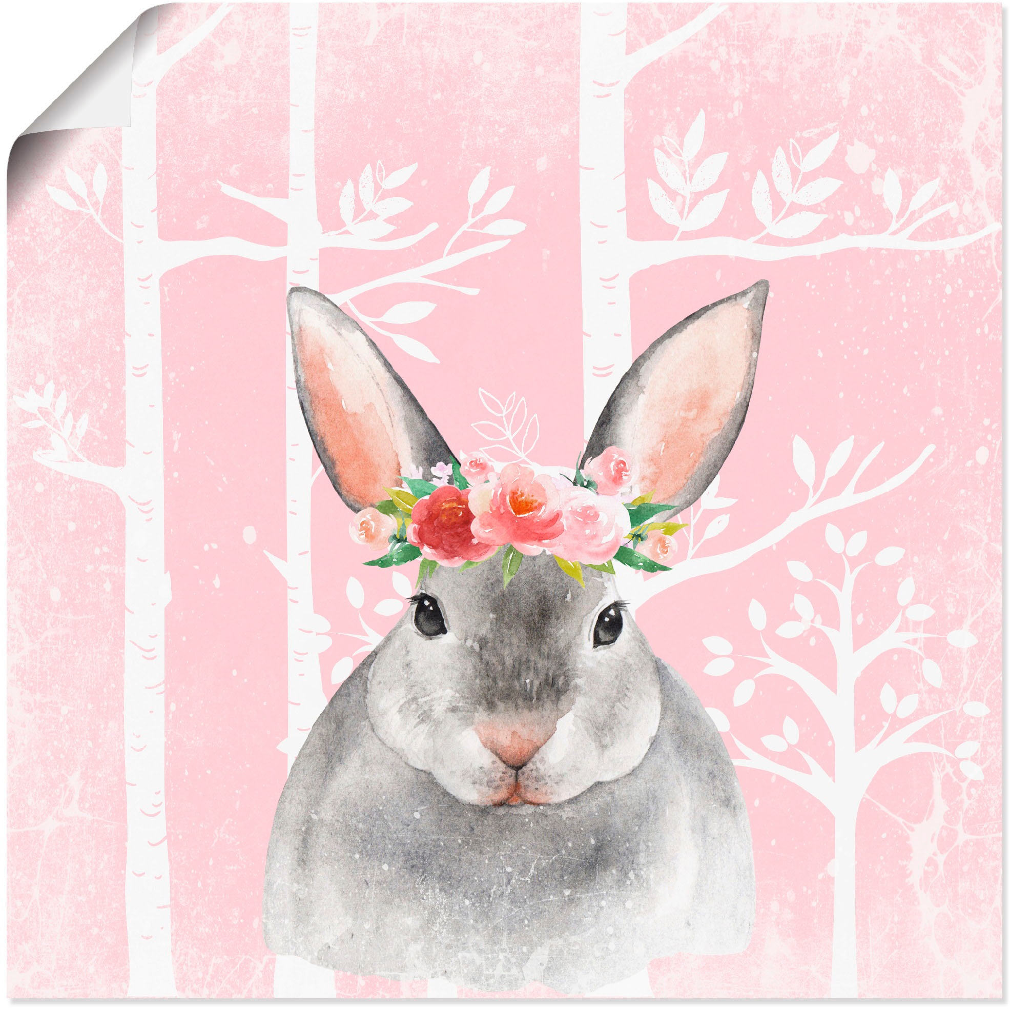 Image of Artland Wandbild »Hase mit Blumen im pink Wald«, Tiere, (1 St.), in vielen Grössen & Produktarten - Alubild / Outdoorbild für den Aussenbereich, Leinwandbild, Poster, Wandaufkleber / Wandtattoo auch für Badezimmer geeignet bei Ackermann Versand Schweiz