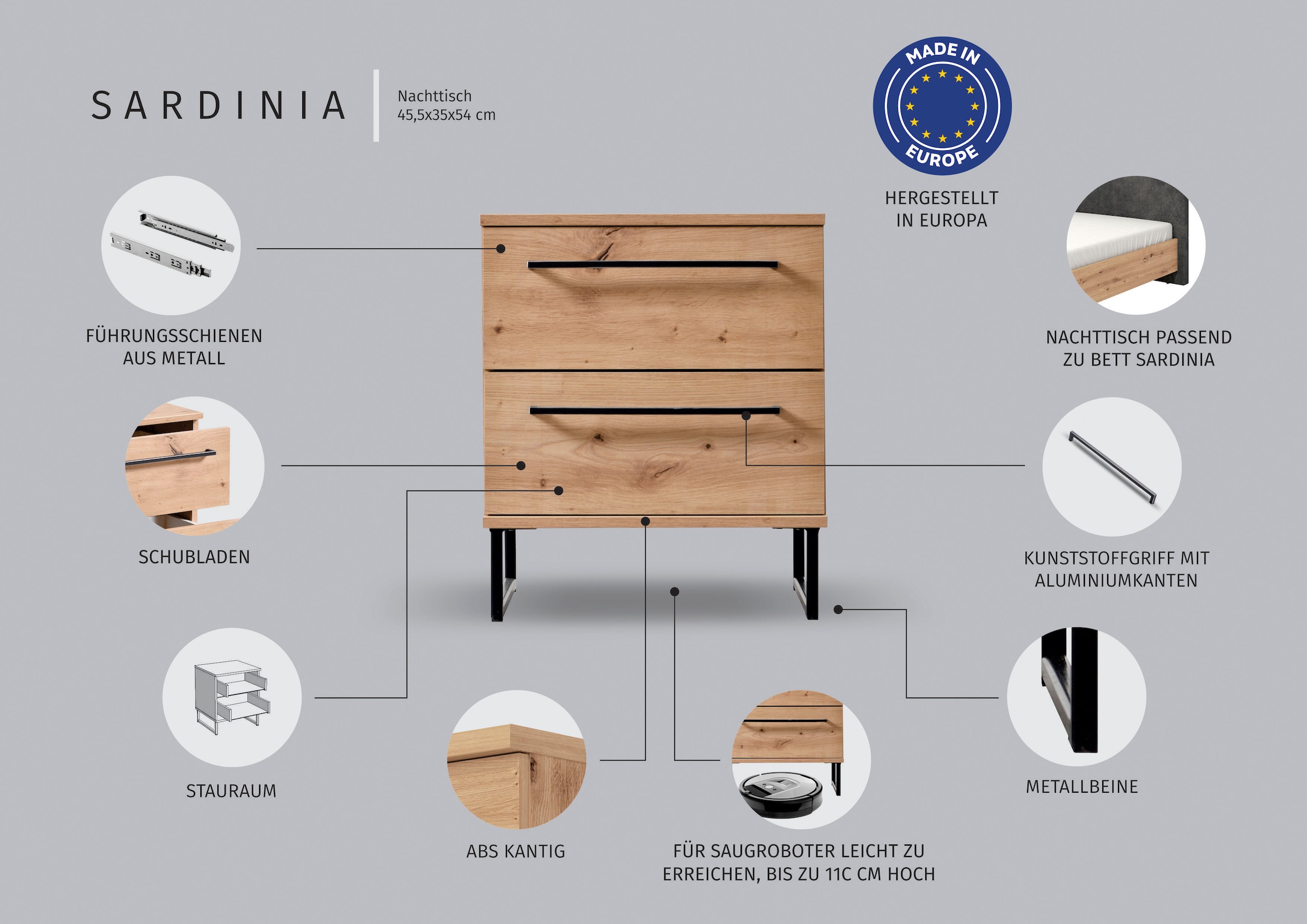INOSIGN Nachtkommode »Sardinia, Nachtschrank, Masse (B/T/H): 45,5/35/54 cm«, (FSC-zertifizierter Holzwerkstoff), mit 2 Schubladen, Metallgriffe und Metallfüsse in Kufenform
