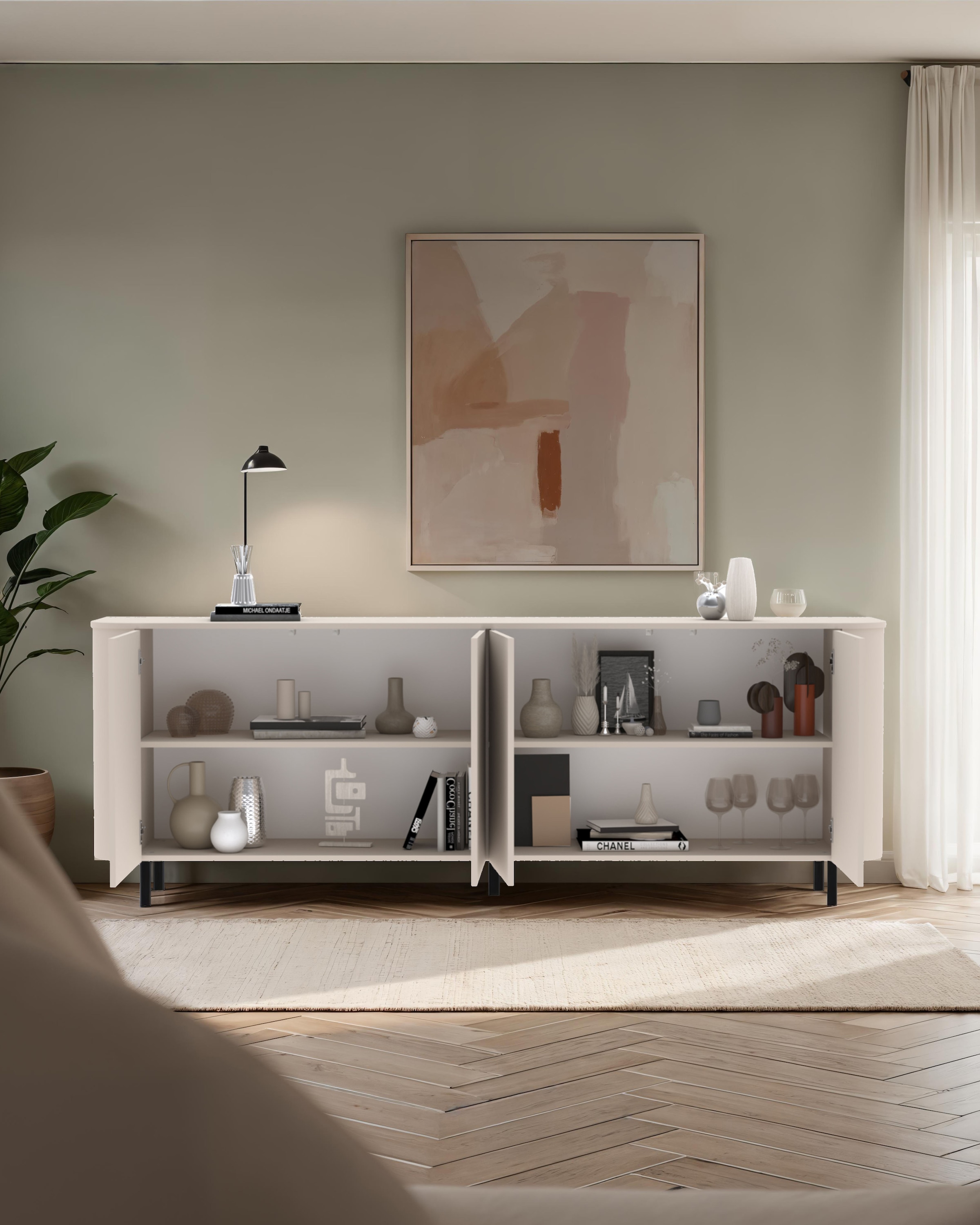 INOSIGN Sideboard »Lido, 231 cm breit, 4 Türen, Anrichte, Kommode, Stauraumschrank« Formgebogenes MDF, Stirnseiten mit Rundung, Push-to-open, Metallfüsse