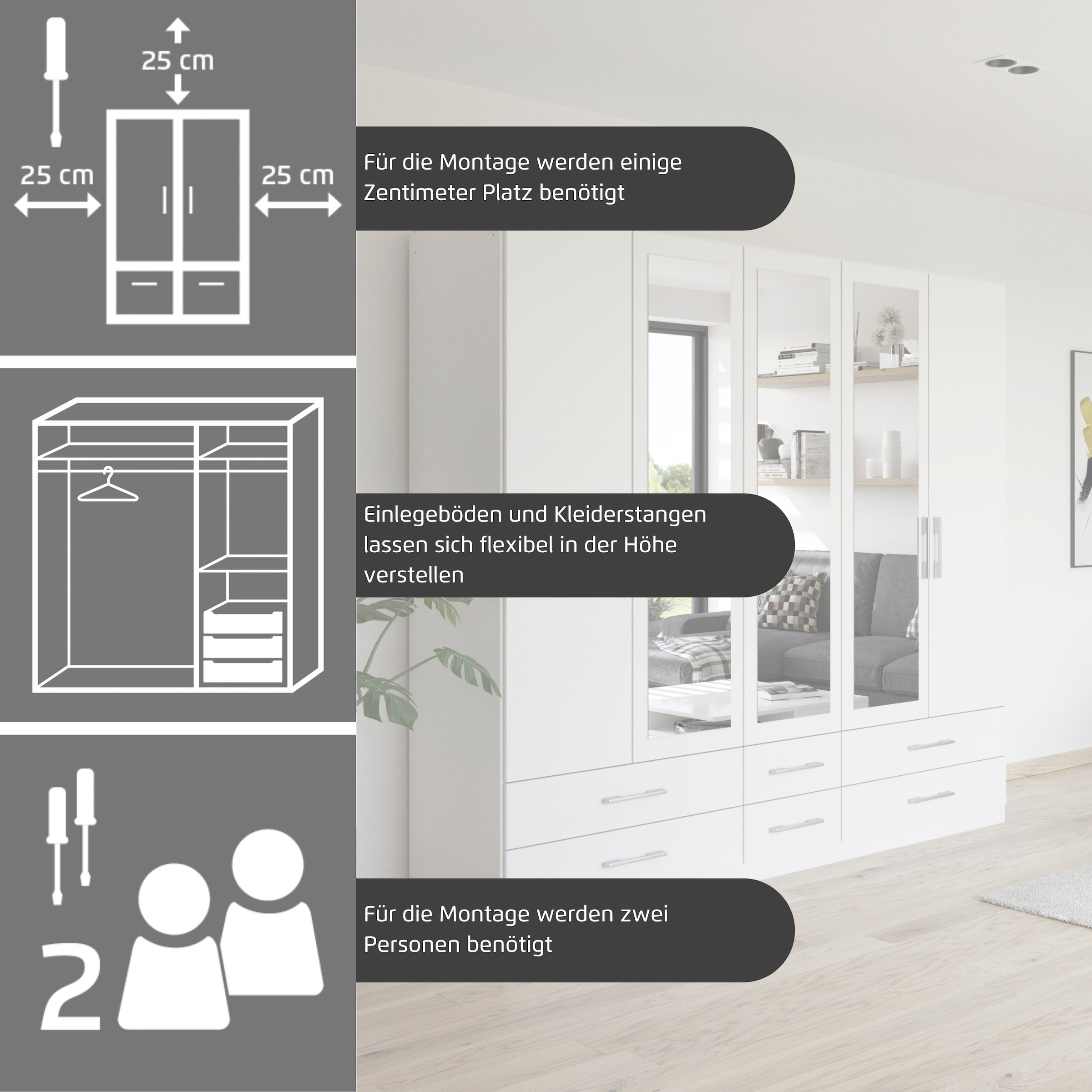 rauch Kleiderschrank »Schrank Garderobe Wäscheschrank HERSBRUCK in 2 Breiten« Breiten: 226 oder 271 cm, Höhe 210 cm,  mit 6 grosszügigen Schubladen sowie Spiegeltüren MADE IN GERMANY