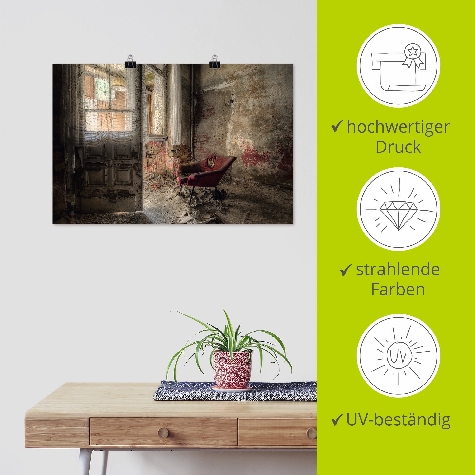 Artland Wandbild »Lost Place - roter Sessel I« Innenarchitektur 1 Stk. tlg. als Alubild, Leinwandbild, Poster in verschied. Grössen