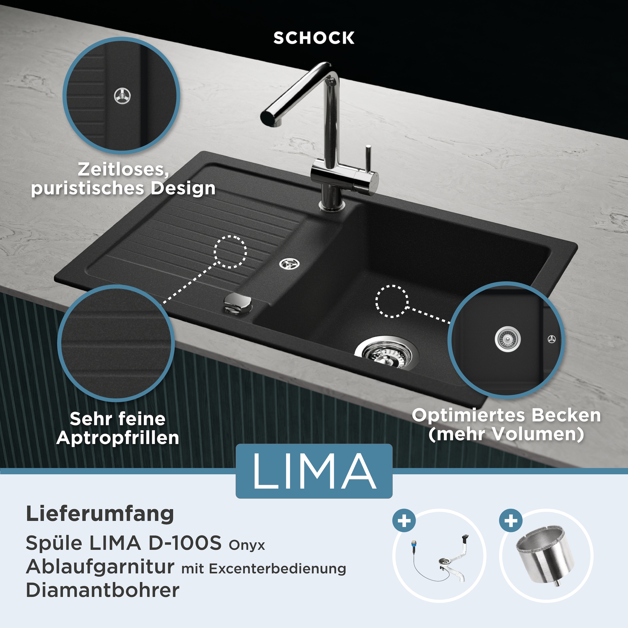 Schock Granitspüle "Lima D-100S" 78/50 cm, Auflagespüle