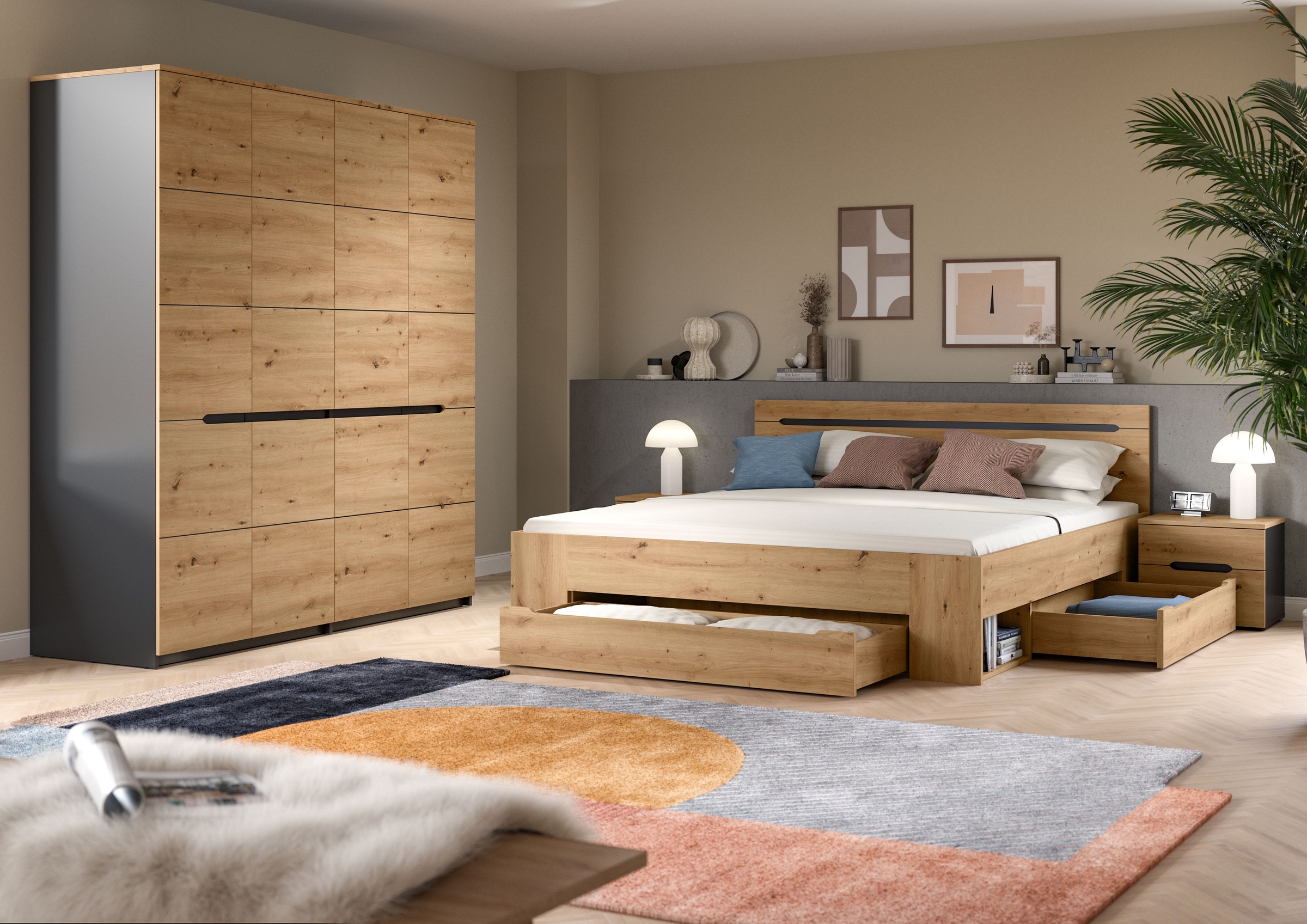 Home affaire Schlafzimmer-Set »REHAT, 4-teilig, best. aus: Bett, Kleiderschrank & 2x Nachtkommode« TOPSELLER!, für Matratzengrösse 140x200 cm, viel Stauraum, 