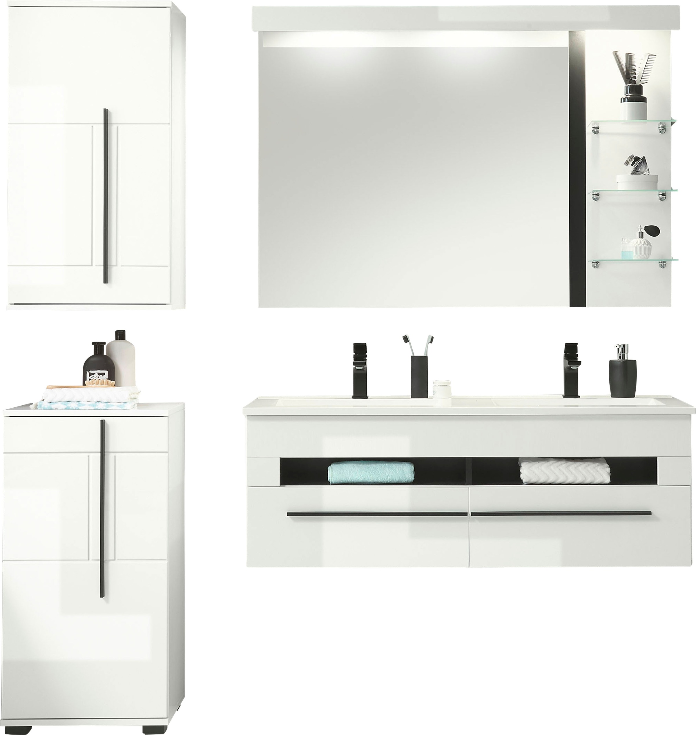 INOSIGN Badmöbel-Set »Cantara, Bad im modernen Design, 4-teiliges Badezimmer«, (Set, 4 St.), Waschtisch, Schrank, Hängeschrank und Spiegel, in Weiss Hochglanz