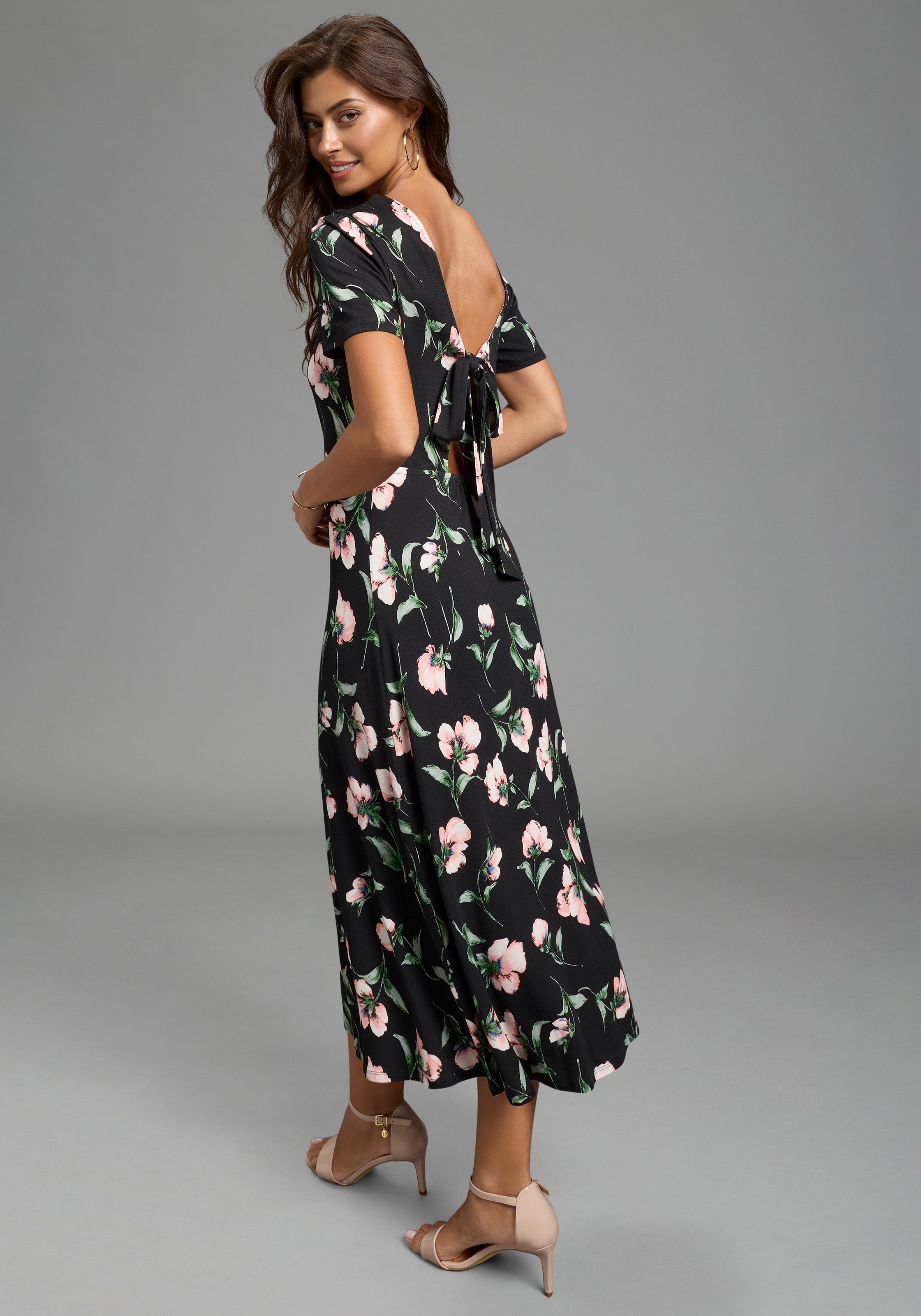 Image of Laura Scott Midikleid mit tiefem Rückenausschnitt und Knotendetail, geblümt