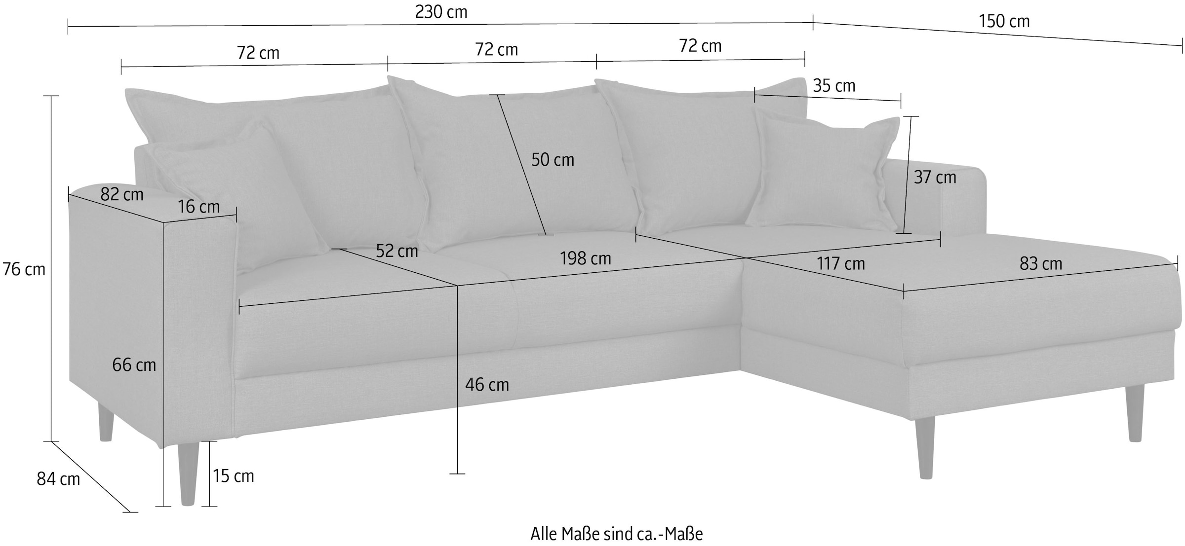 Home affaire Ecksofa »VEYRAS L-Form, hoher Sitzkomfort, Masse B/T/H: 230/150/76 cm«, mit Wellenunterfederung, incl. Rückenkissen und Zierkissen