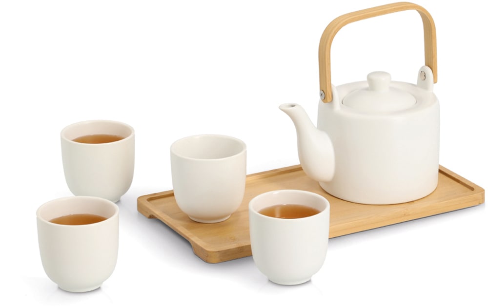 Zeller Present Set de vaisselle »Tee-Set, 6-tlg. Steingut/Bambus, weiss« Teekanne mit Bambusgriff, hochwertig und langlebig