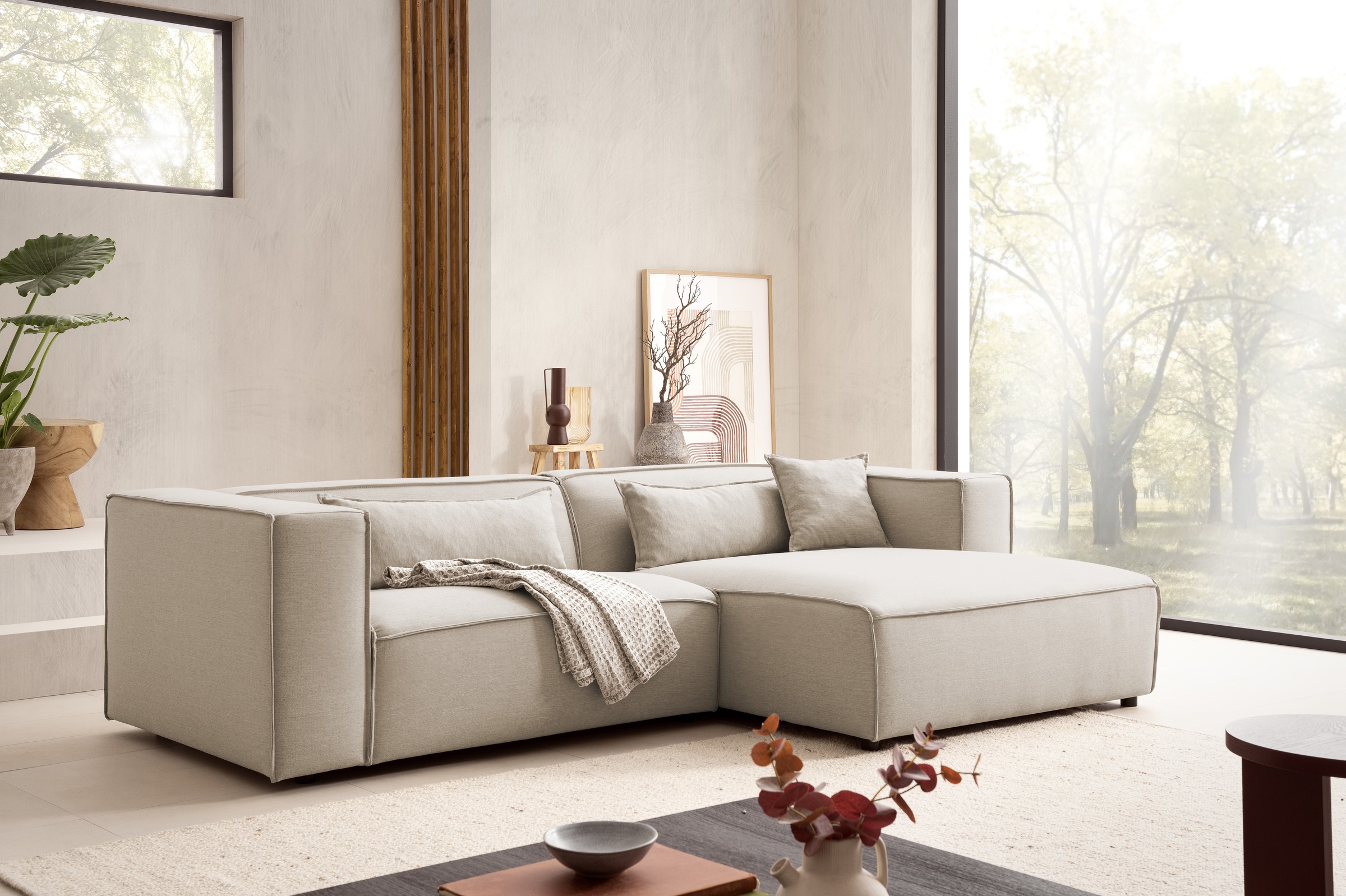 LeGer Home by Lena Gercke Ecksofa »PIARA mit Kedernaht in Cord oder Leinenoptik, moderne Couch in L-Form«, wahlweise Ottomane rechts/links, schwarze Füsse, bequemer Sitzkomfort