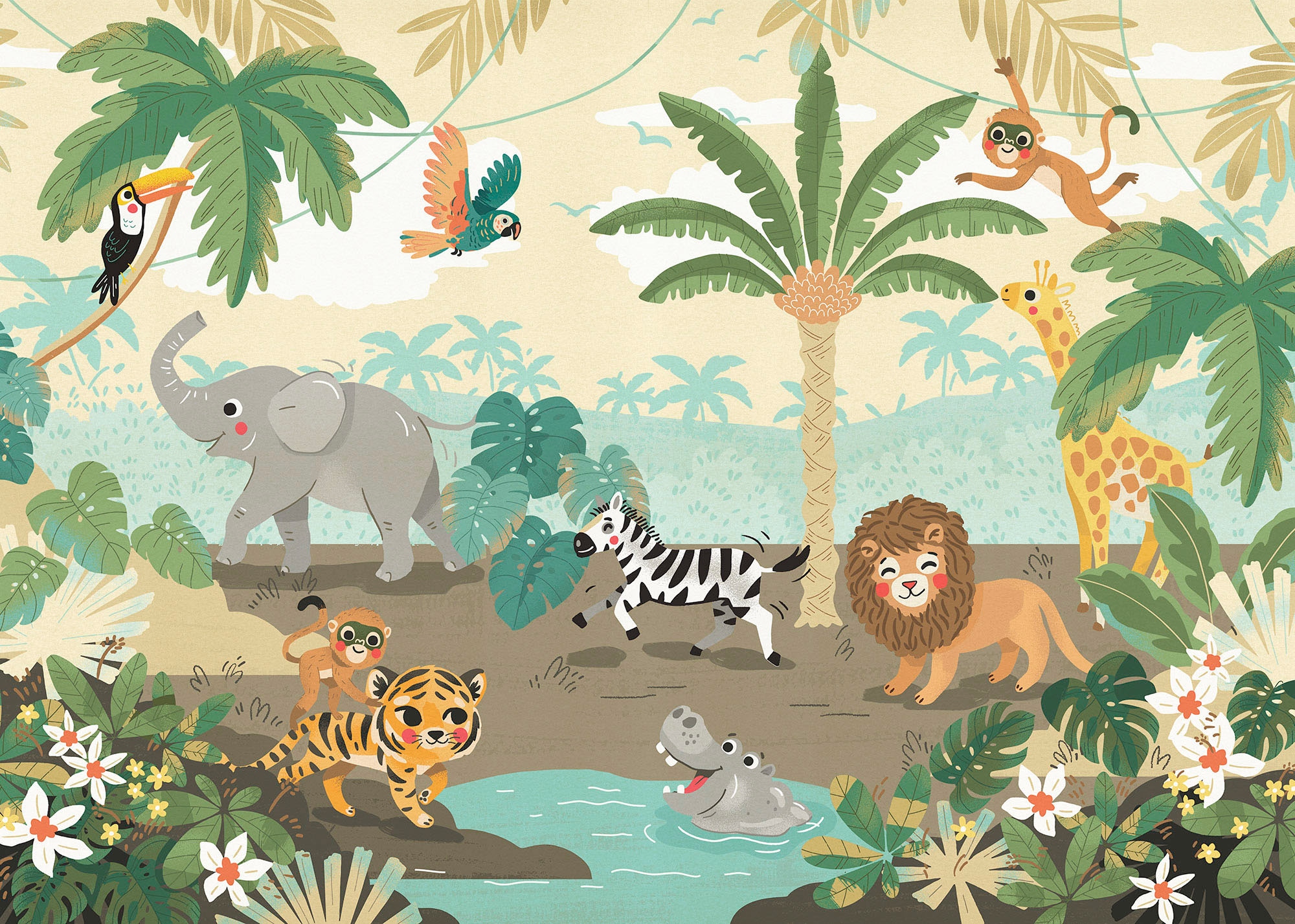 Komar Fototapete »Digitaldruck Vlies - Baby Safari - Grösse 350 x 250 cm«, bedruckt, Wohnzimmer, Schlafzimmer