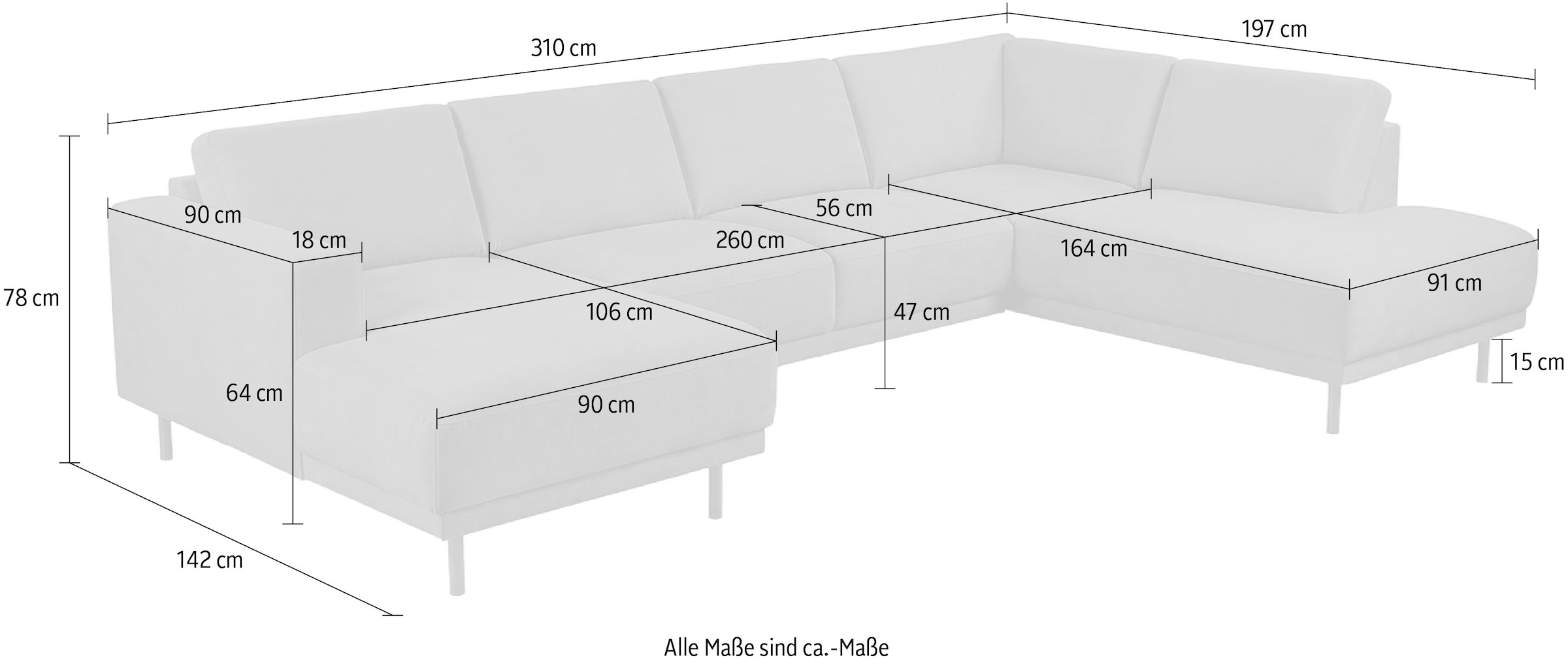 GOODproduct Paysage de salon »Sveeva, U-Form, XXL, B.310 cm, schwarze Metallfüsse« langlebiger Strukturstoff, mit Wellenunterfederung, viele Farben