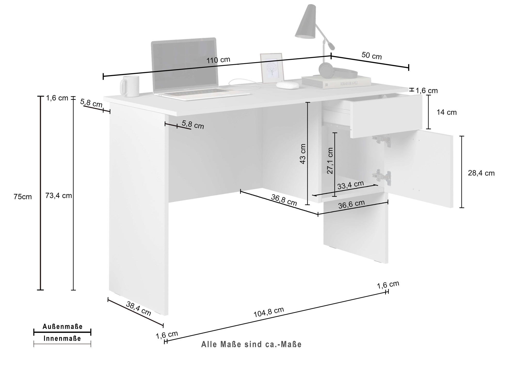 INOSIGN Schreibtisch »Essential, Schreibtisch, kleiner Computertisch, Bürotisch für Büro« 1 Stk. tlg. mit 1 Tür,1 Schublade, Arbeitsplatte Breite 110 cm