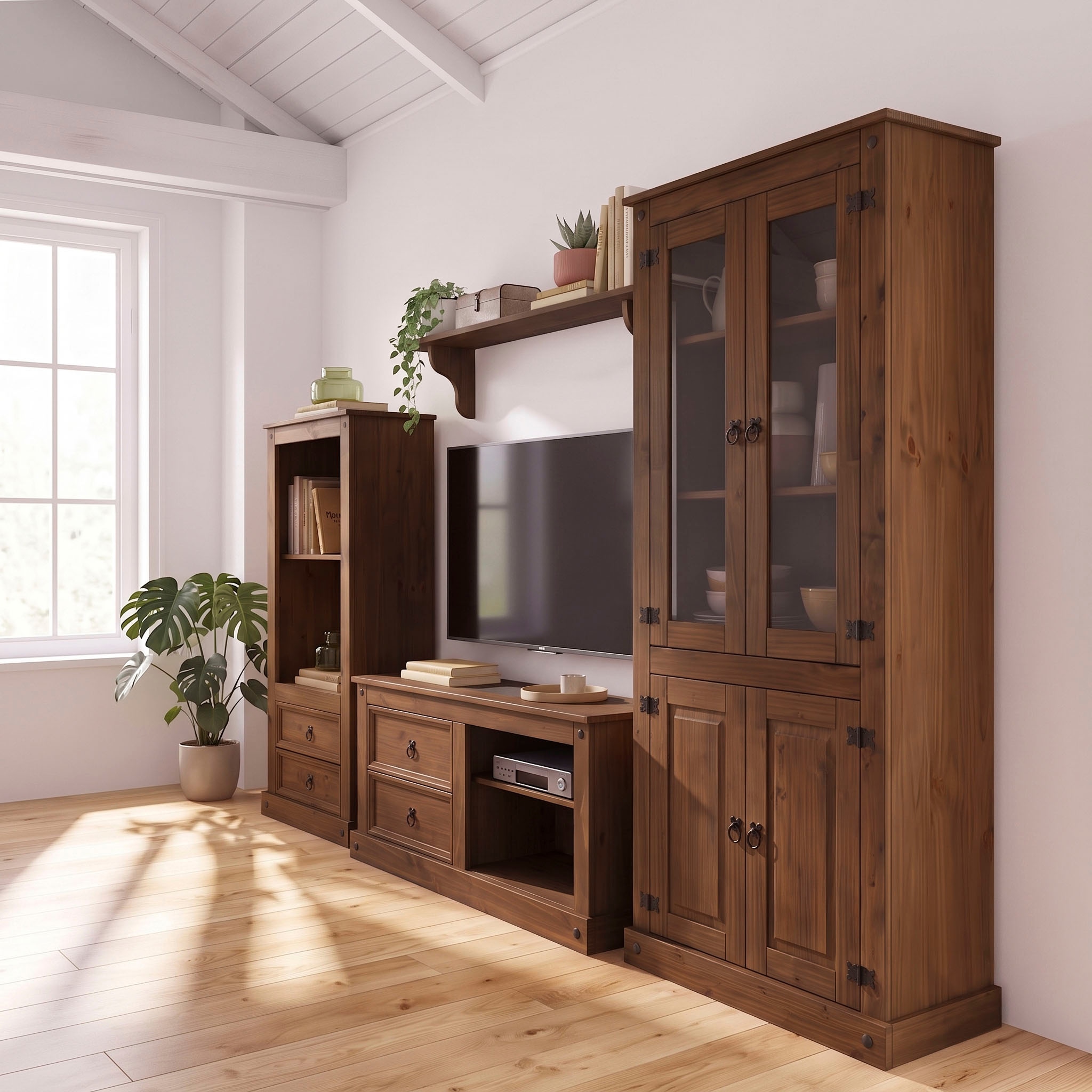 GOODproduct Wohnwand »Mexiko Vitrine, Regal und TV-Board mit Metallgriffen« Set, 3 Stk. tlg.