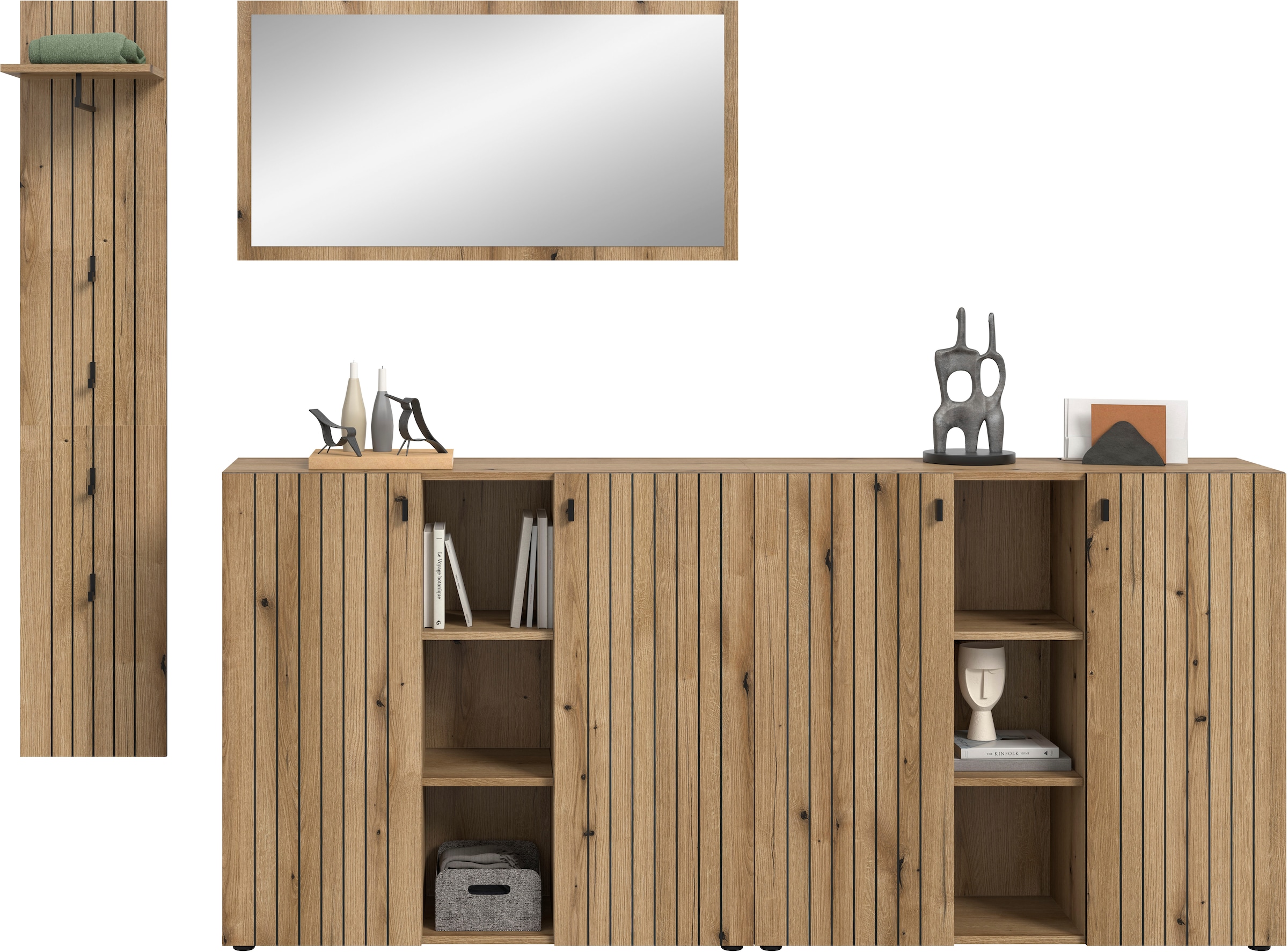 Home affaire Garderoben-Set »TATIO, 4-tlg. Garderobenkombination, Breite: 258 cm, Rillenfräsung« Set, Set, best. aus: 1 Spiegel, 1 Garderobenpaneel, 2 Schuhkommoden, 4 Stk. tlg.