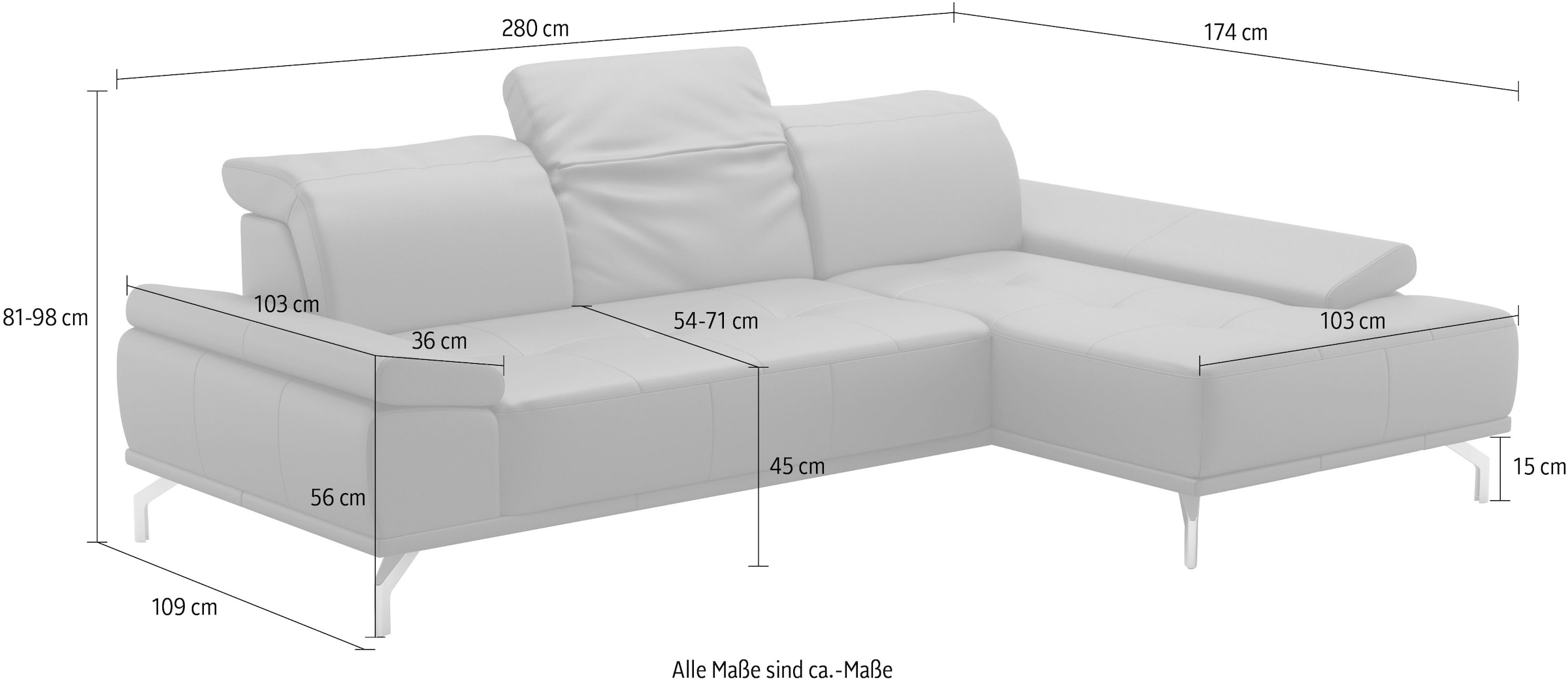 Places of Style Ecksofa »Caluna«, Inkl.Sitztiefenverstellung, wahlweise mit Kopf- und Armteilverstellung