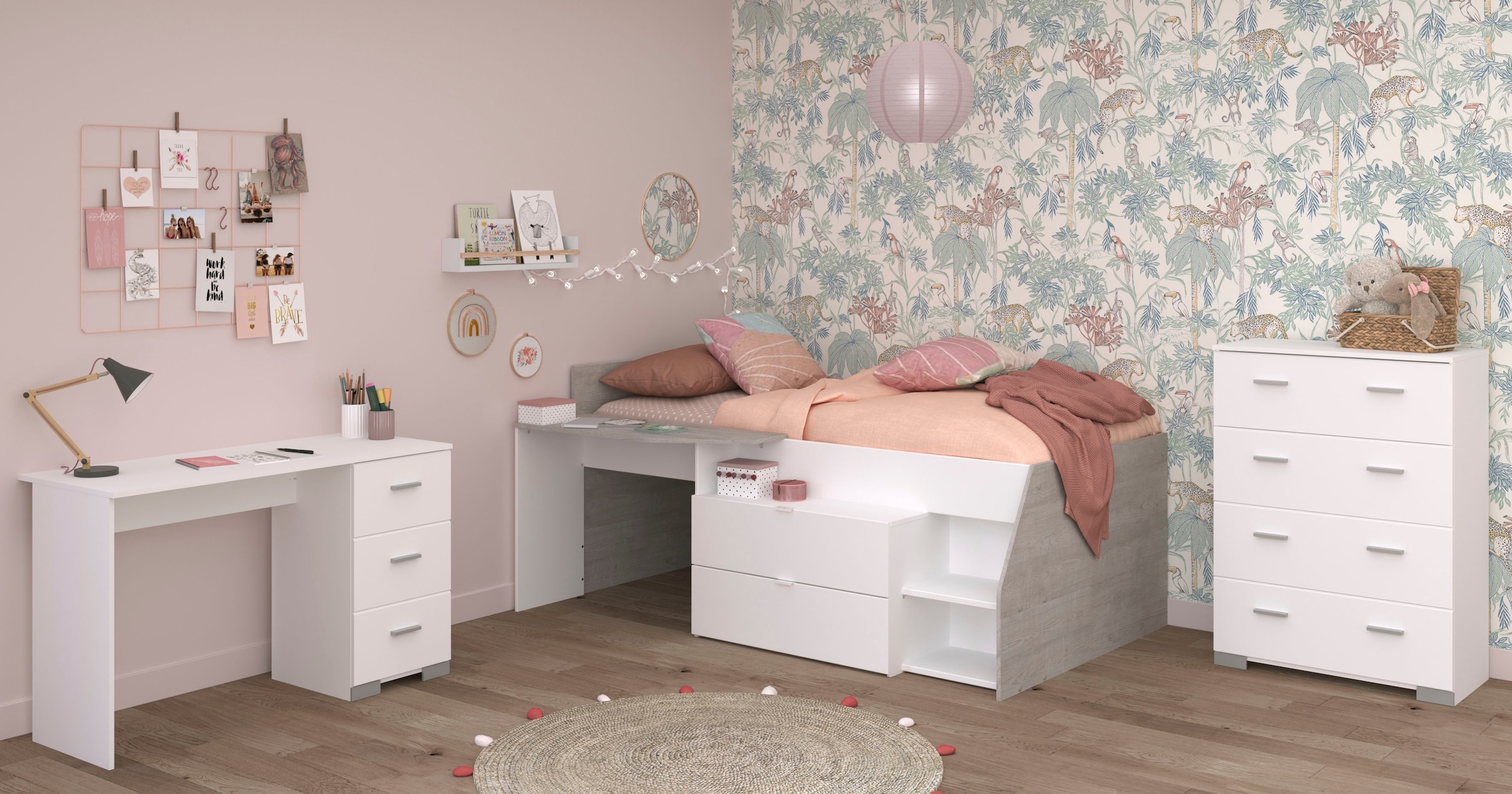 Parisot Jugendzimmer-Set »Parisot Milky 15«, (3 tlg.), viel Stauraum, halbhohes Hochbett