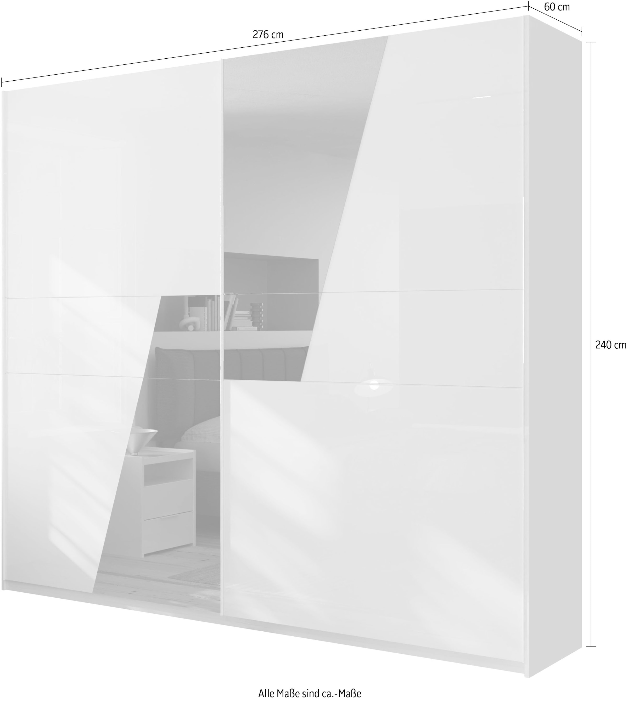 INOSIGN Schwebetürenschrank »Malmo, Kleiderschrank mit 2 Schiebetüren, Breite 276 cm, Höhe 240 cm,«, Weiss Hochglanz Lack, Front mit Spiegelfläche, Griffleisten aus Metall