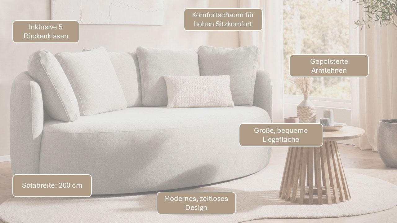 GOODproduct 2,5-places »Kaarl, rundes Loungesofa, Sofa mit Kissen, perfekt gepolstert« Webstoff, in fünf Farben, zeitloses Design, inkl. 5 Rückenkissen