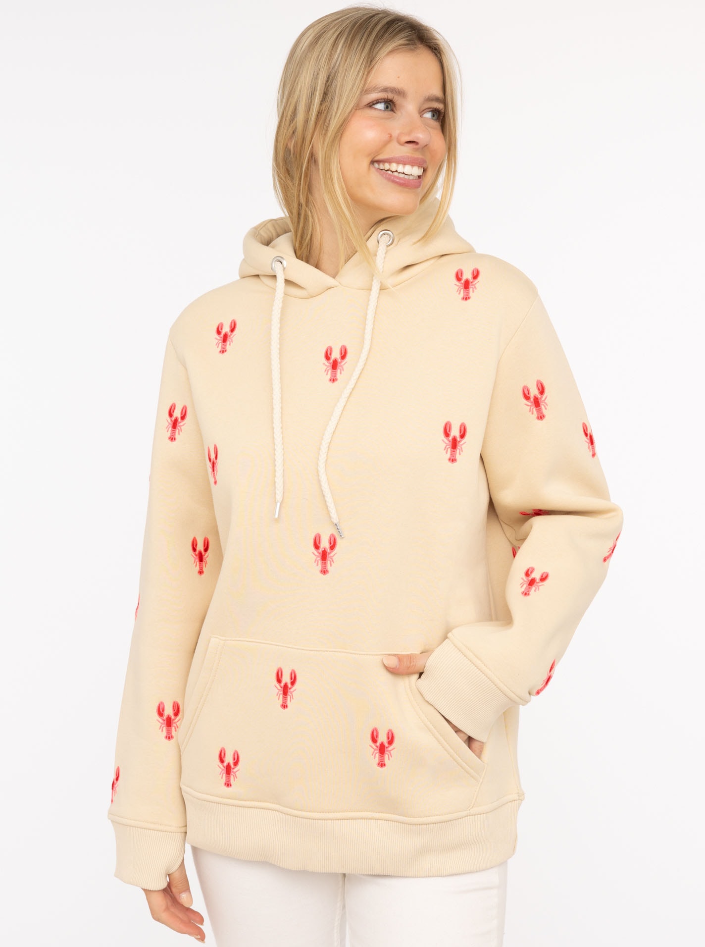 Image of Zwillingsherz Kapuzensweatshirt, Hummer-Stickerei, Kapuze, Kordelzug, Baumwollmix