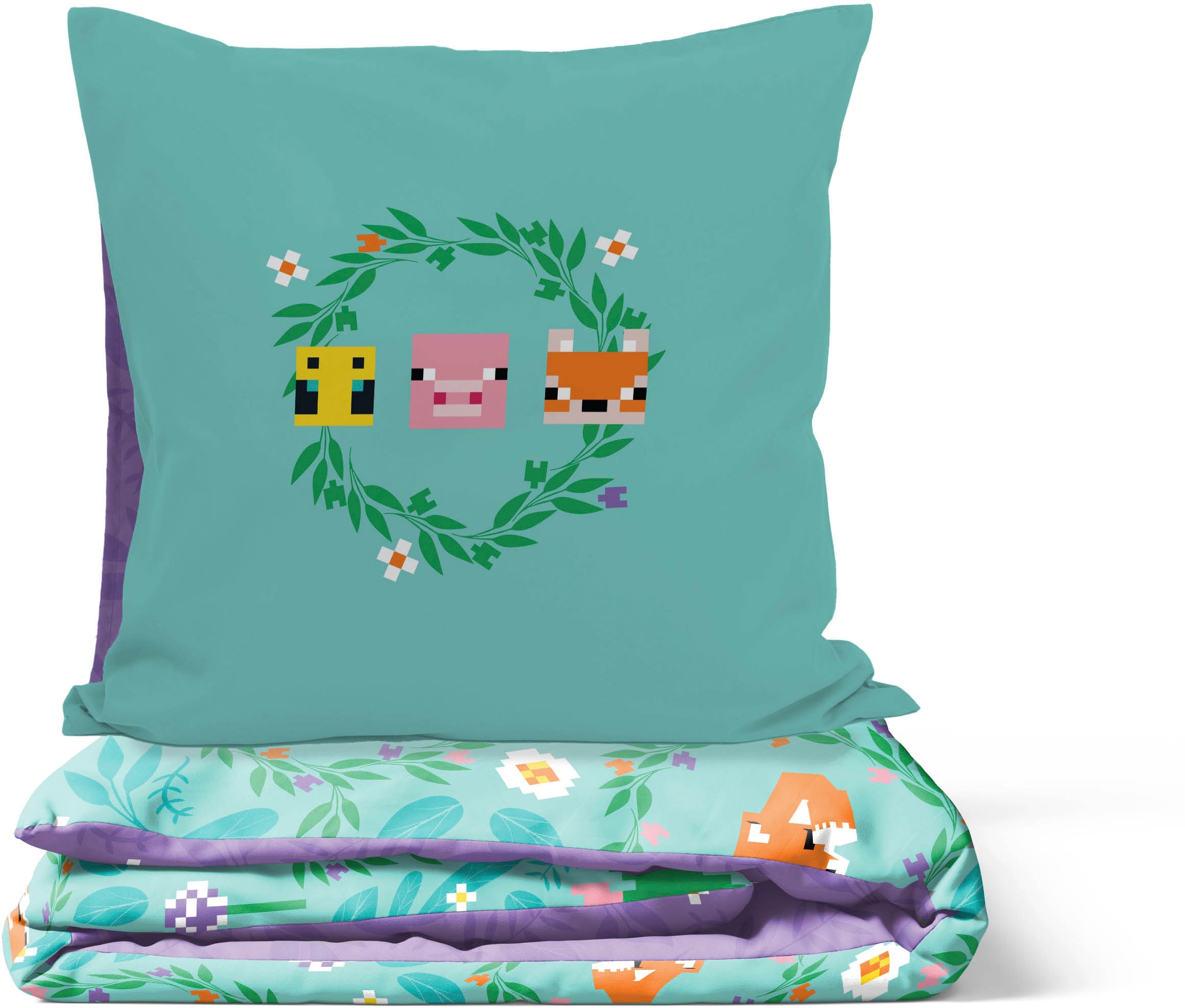 Minecraft Linge de lit pour enfants »Minecraft Bettbezug-Set  135x200 cm + Kissenbezug 80x80 cm« 2 pièces 100 % coton, lavable en machine, réversible