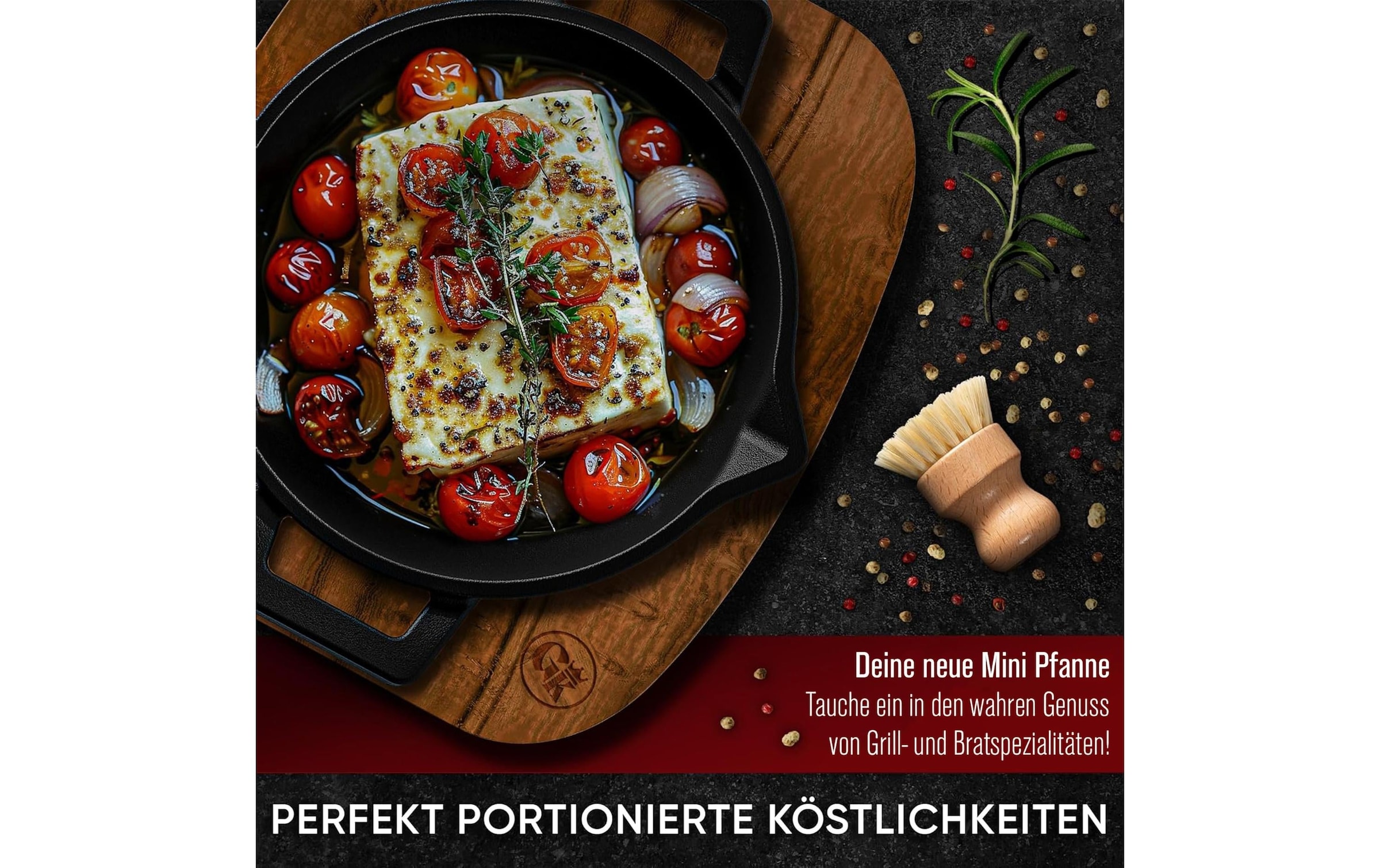   Marmite à barbecue »Gusskoenig Mini Set mit Holzsockel« 4 cuis tlg. Mini-Rundpfanne, 2er-Set + Holzsockel