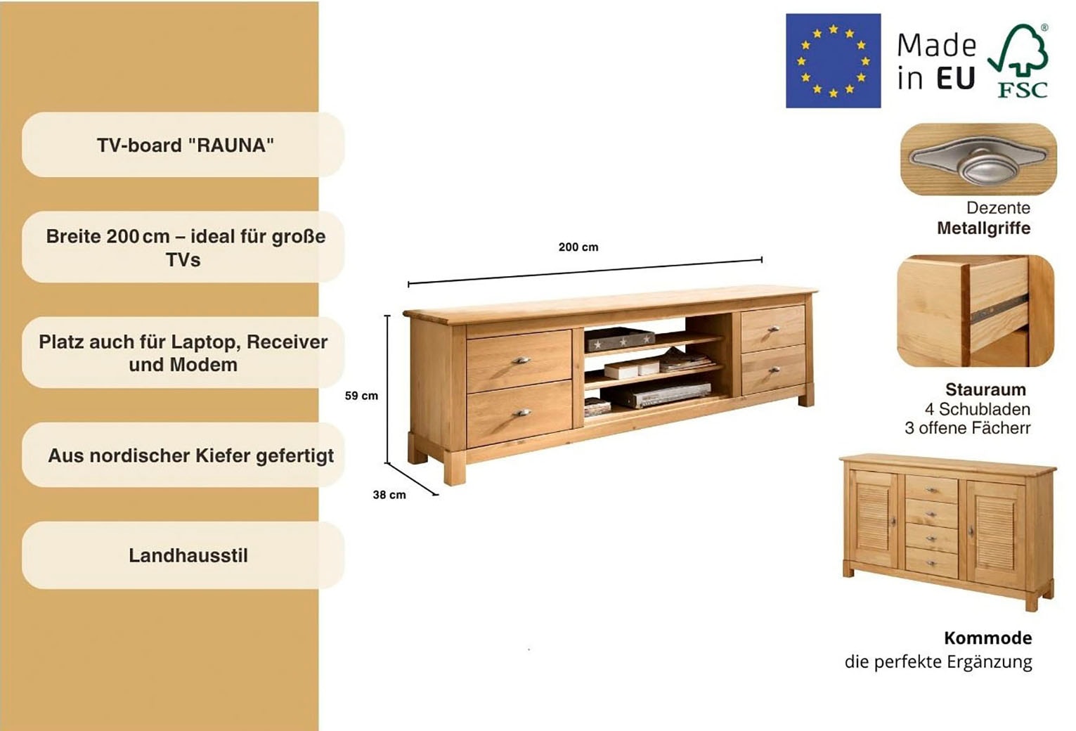 Home affaire Table basse »Rauna« Kommode, Breite 200 cm, FSC®-zertifiziertes Massivholz
