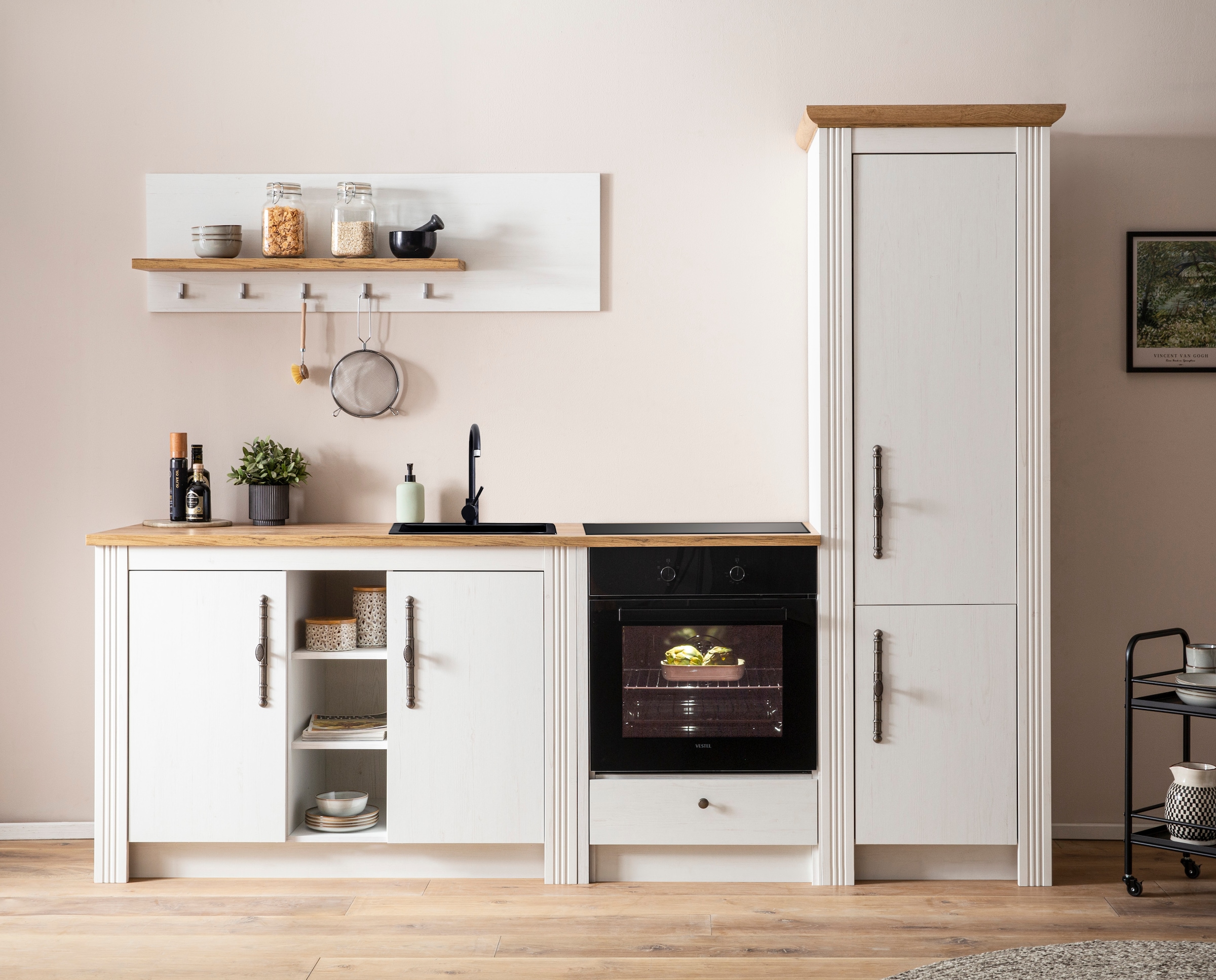 GOODproduct Küchenzeile »KS-Westminster, Pantryküche im Landhaus Stil, hochwertige Metallgriffe« Set,  Breite 257 cm, Kommode, Wandpaneel, Stauraumschrank, Herdumbau