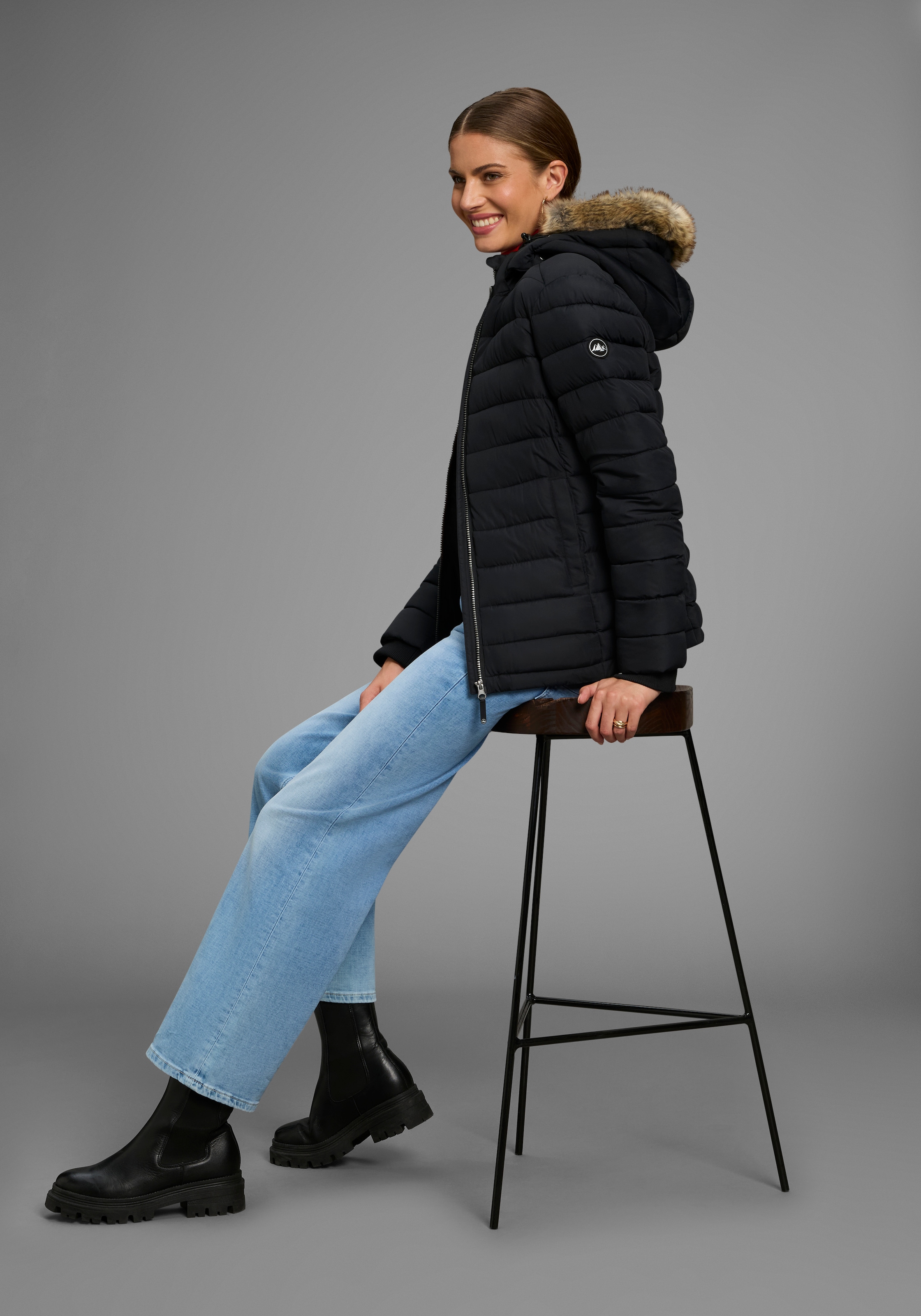 Polarino Steppjacke mit Kapuze Kapuze mit Fellimitat zum Abnehmen