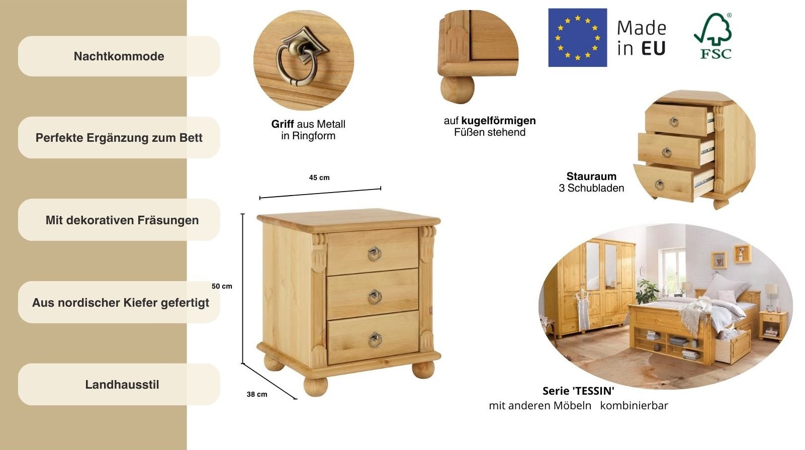 GOODproduct Nachtkommode »Tessin« aus massiver FSC®-zertifizierter Kiefer, mit 3 Schubladen