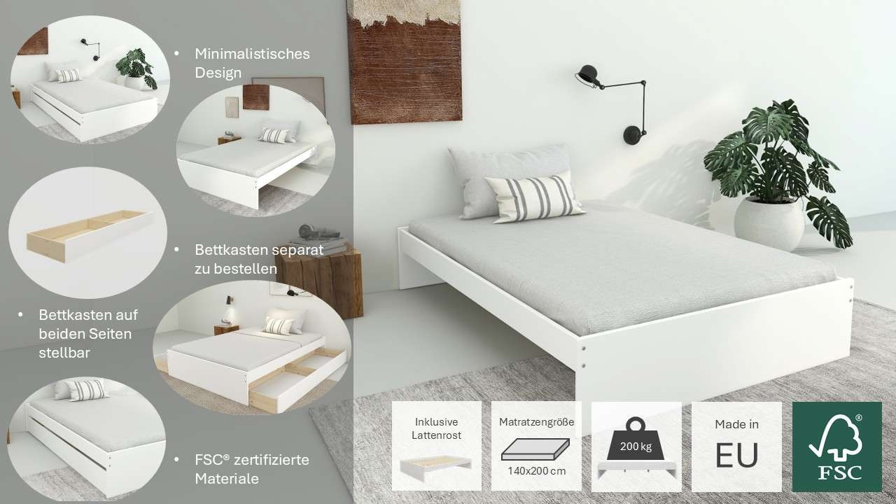 OTTO home Bett »Magdala«, (Breite/ Belastbarkeit: 120cm/200 KG, 90cm/ 100KG), aus MDF, Breite Liegefläche 140 cm, Bettkasten optional
