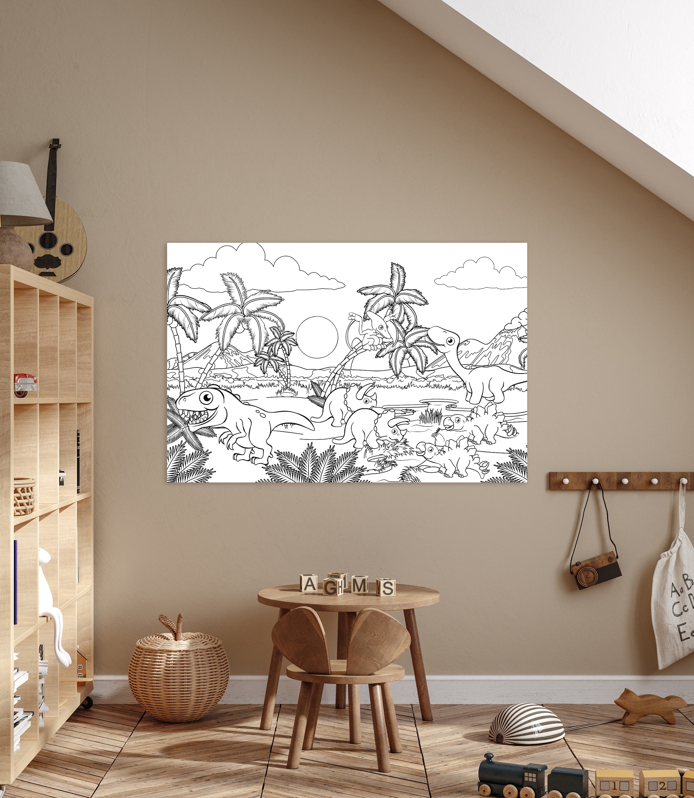 Image of queence Bild "Dinosaurier und Palmen" Baum Baumbilder Blätter Bäume Dinosaurier Figuren Mädchen Märchenbilder klassische Fantasie 1 Stk. tlg. DIY Wandbild aus Dibond
