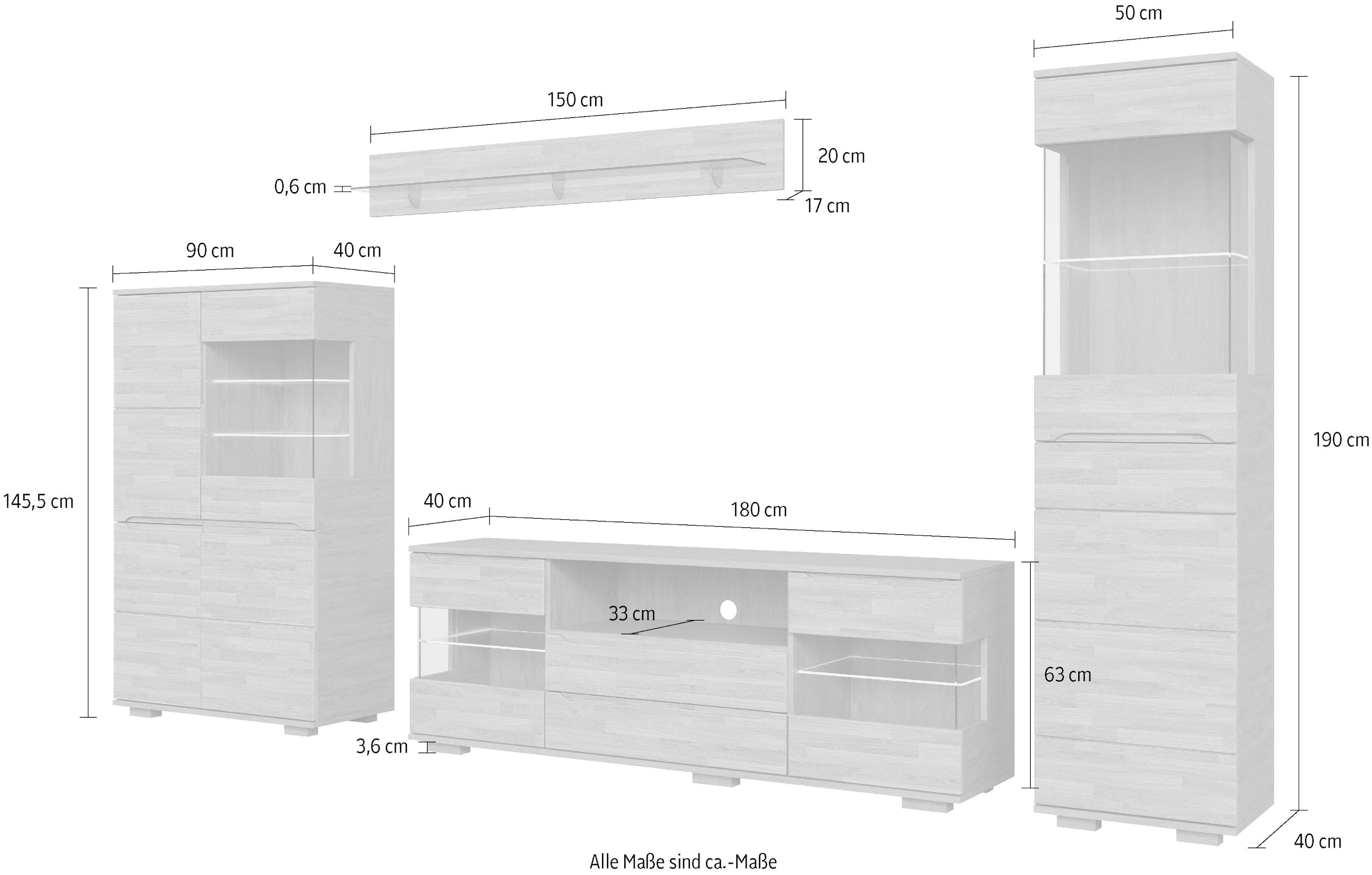 GOODproduct Wohnwand »VETRO: besteht aus 2 Vitrinen, 1 Sideboard & 1 Wandregal, Wohnzimmer.« 4 Stk. tlg.