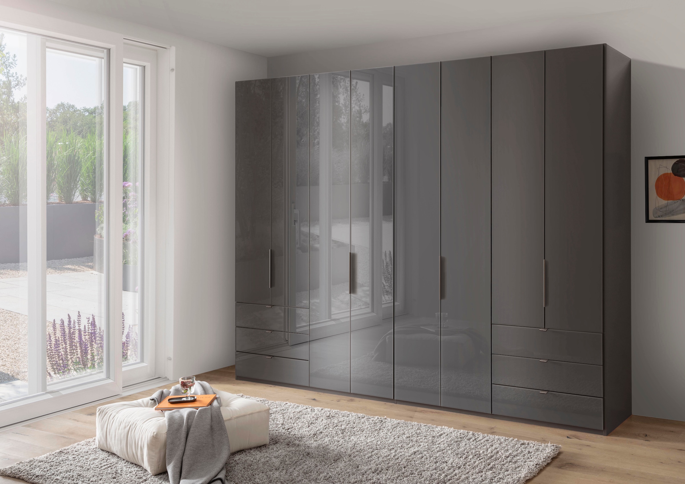 WIEMANN Armoire à portes pliantes »Ohio, Kleiderschrank, Schrank, Garderobe, mit Schubladen, 300 cm« inklusive Einlegeböden & Kleiderstangen, 2 Höhen, MADE IN GERMANY,  inklusive Tür und Schubkastendämpfung, hochwertige Glasfront