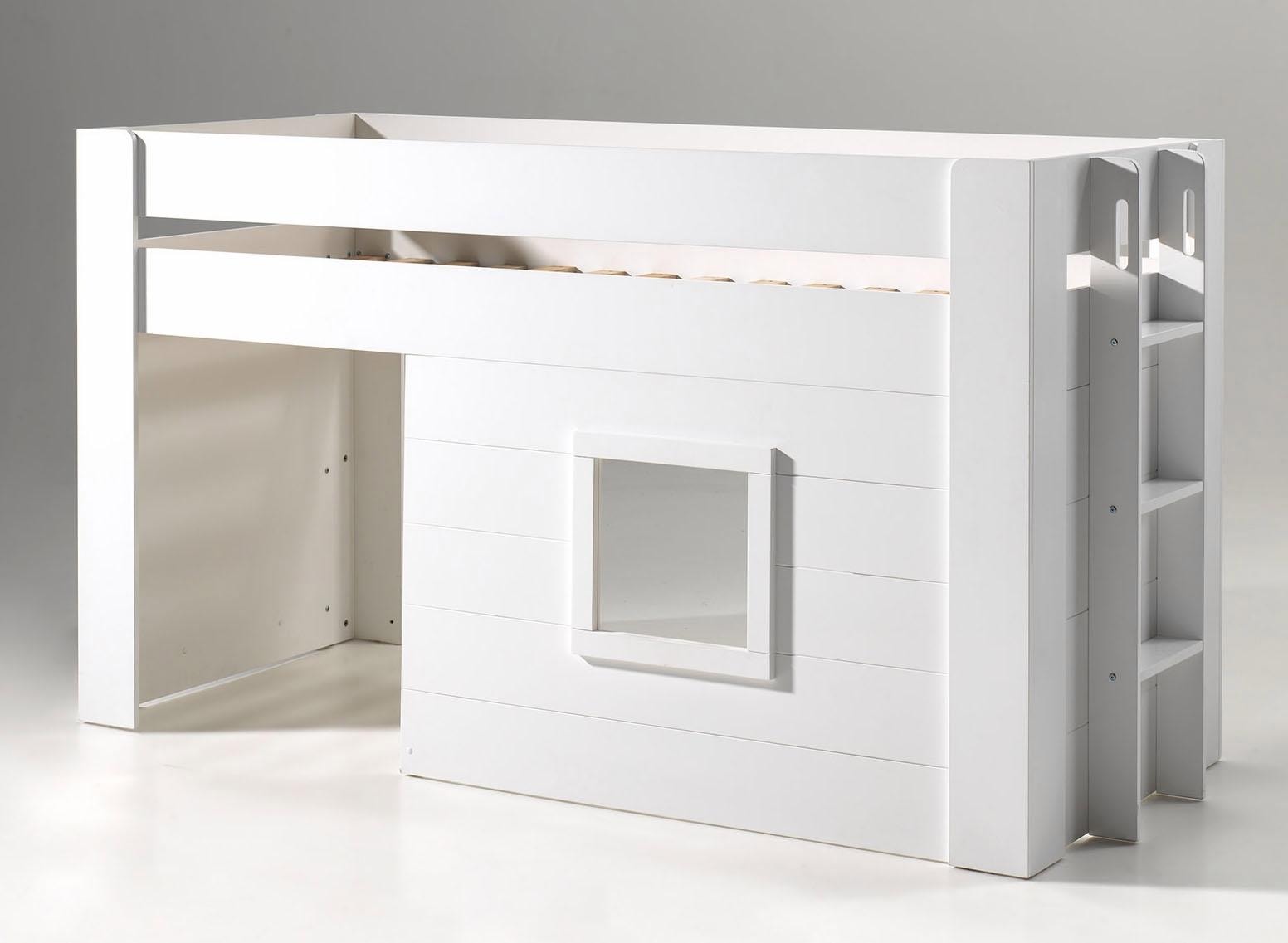 Vipack Hochbett »Noah, ein tolles Budenbett mit hoher Standfestigkeit, weiss lackiert«, (B/H/Tca.214x120x96cm, Leiter rechts/links möglich, Absturzschutz oben), inkl. Rolllattenrost, wahlweise mit und ohne Textilvorhang