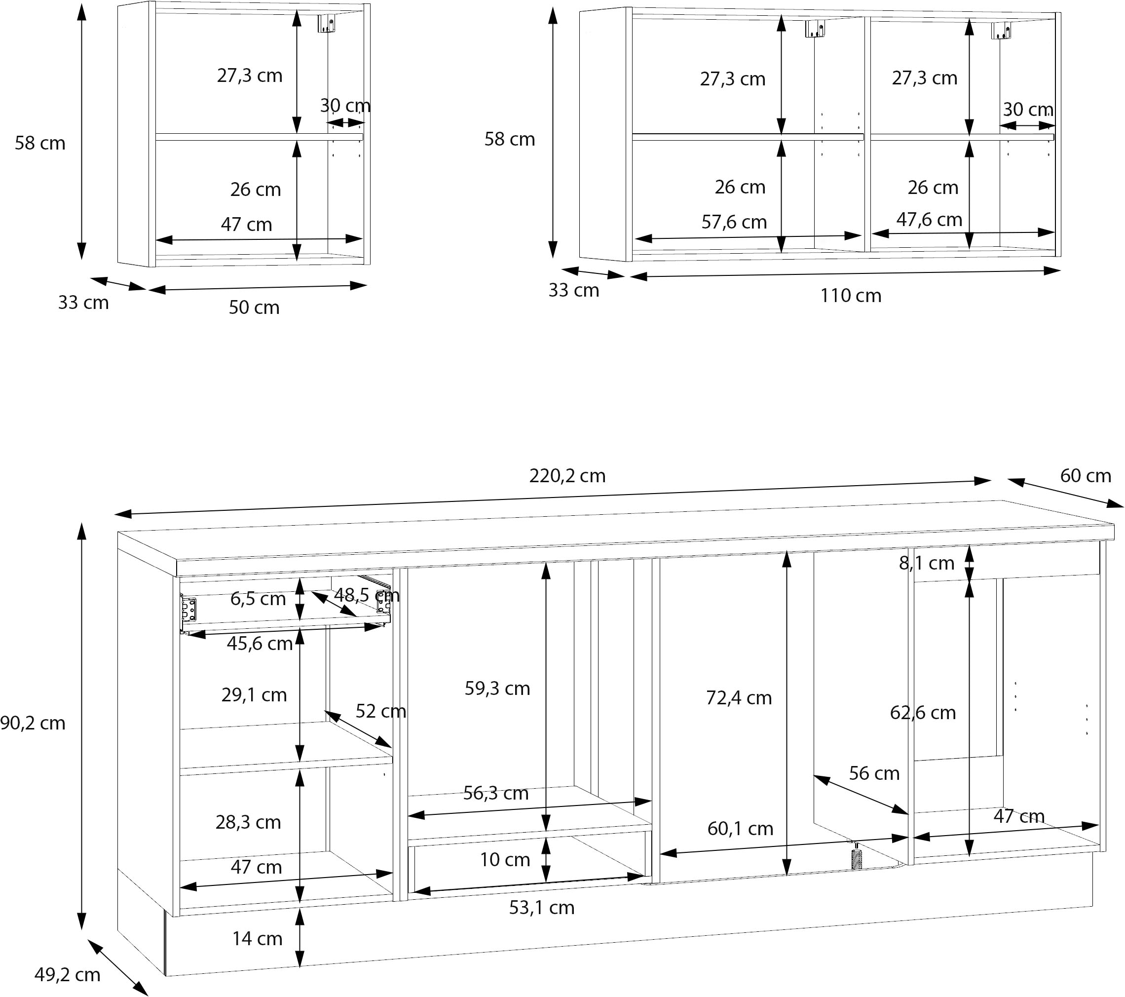 KOCHSTATION Kitchenette »KS-Nova« Largeur 220 cm, au choix avec appareils Hanseatic-E