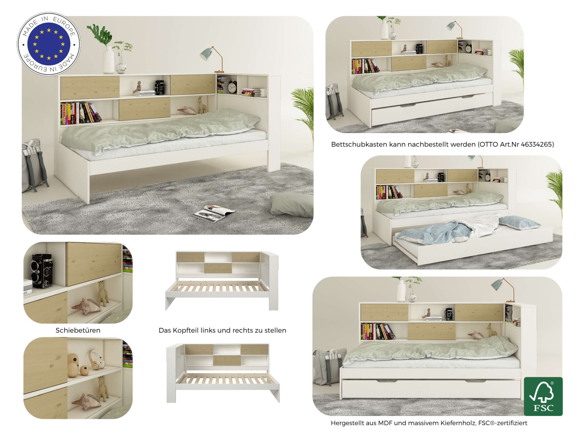Home affaire Stauraumbett »Amance, Massivholz mit MDF, viel Stauraum, ideal für kleine Räume«, (Aussenmasse B/T/H: 110,2/220,1/106,9 cm), FSC® zertifiziert, inklusive Lattenrost, Made in EU