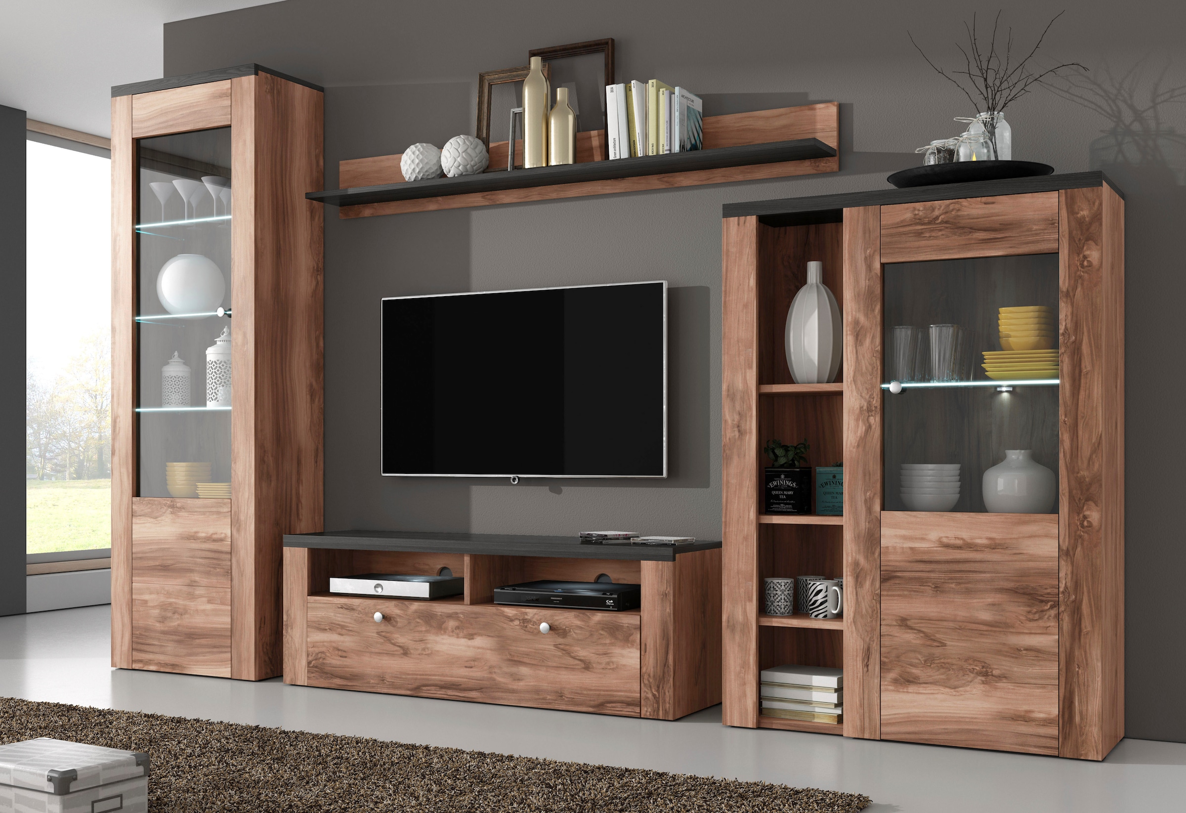 Home affaire Wohnwand »Larona, Anbauwand, Set 4 Teilig«, (Set, 4 St.), bestehend aus 1 TV-Board, 1 Highboard, 1 Vitrine, 1 Wandregal