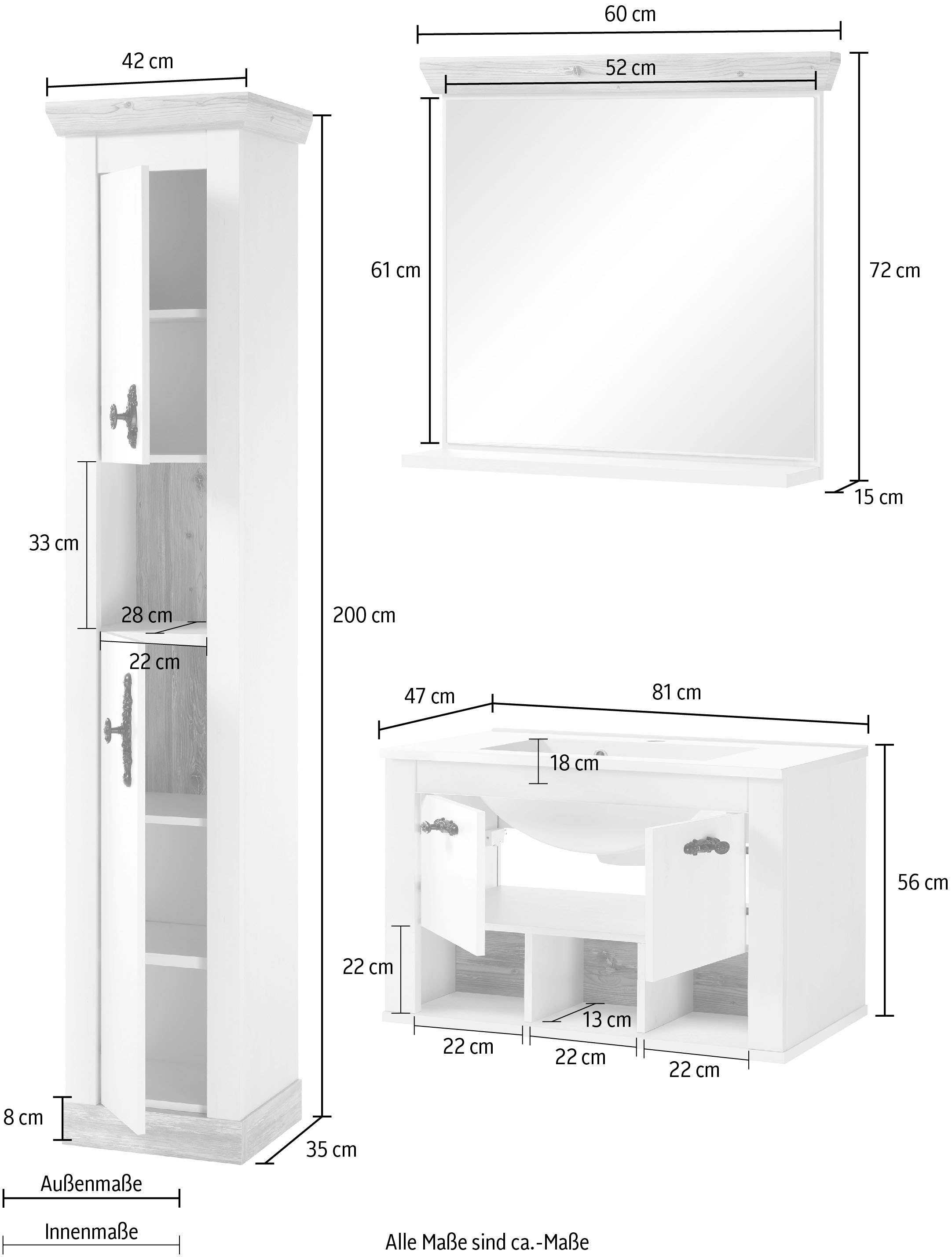 Home affaire Badmöbel-Set »Florenz, Bad im Landhausstil, 3-teiliges Badezimmer«, (3 St.), Hänge-Waschtisch, Schrank und Spiegel, in Pinie Weiss, Stauraum
