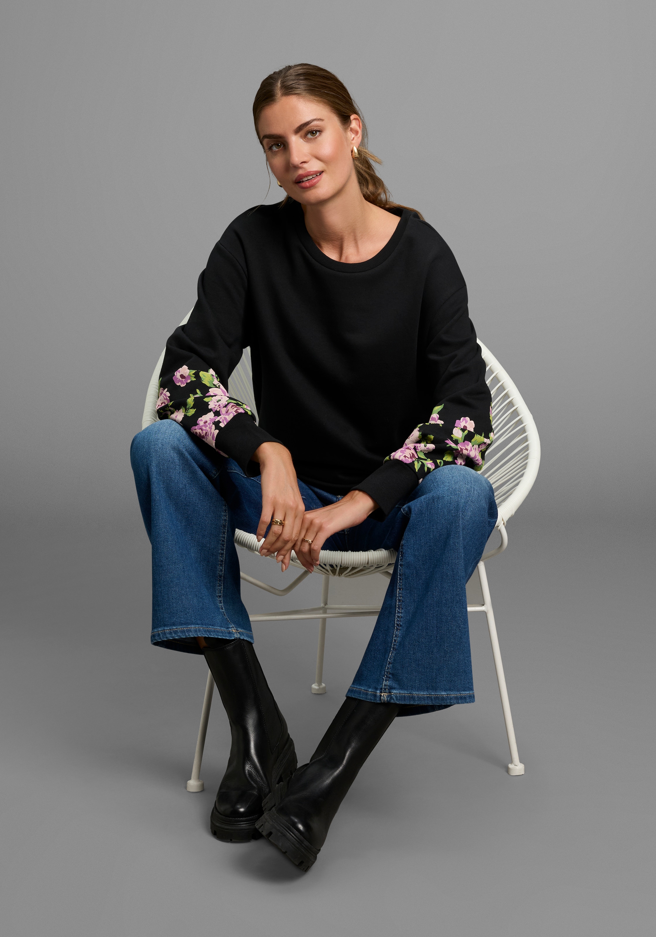 Laura Scott Sweater, Weiche Baumwollmischung mit Blumenprint auf den Ärmeln