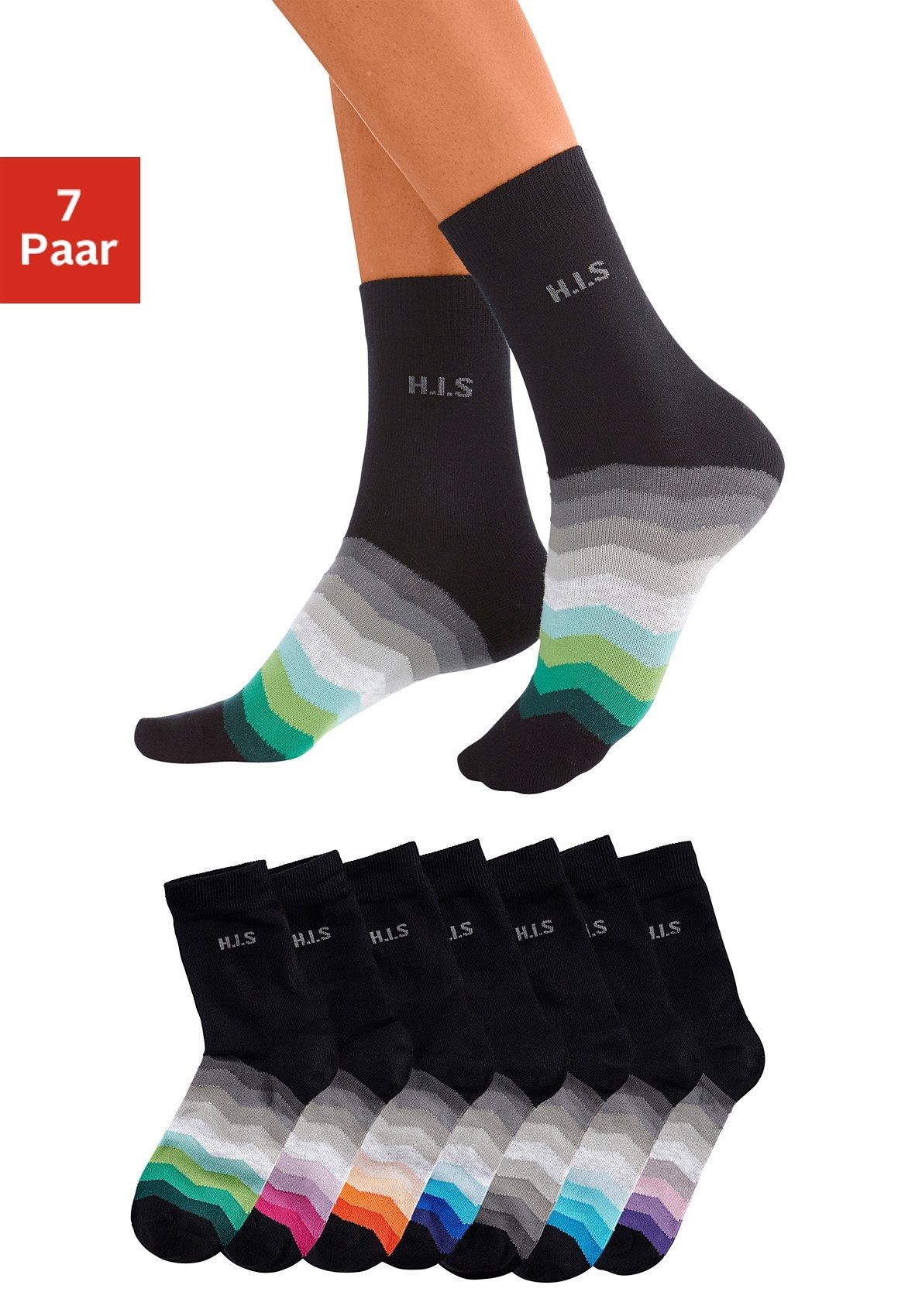 H.I.S Basicsocken, (Packung, 7 Paar), mit schwarzem Schaft