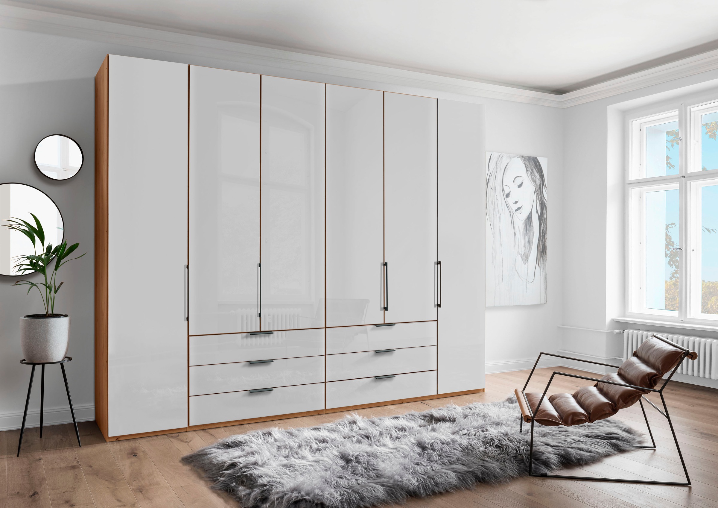 WIEMANN Falttürenschrank »Monaco, Kleiderschrank, Schrank, Wäscheschrank, mit edler Glasfront«, (2 Breiten, 2 Höhen 216/236 cm auswählbar, MADE IN GERMANY), inkl. gepämpften Schubkästen und Türen, mit Panoramaöffnung
