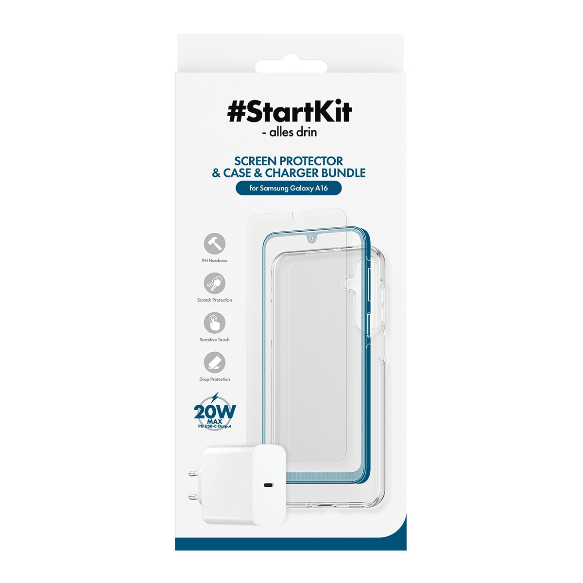 CARE by PanzerGlass USB-Ladegerät »StartKit - alles drin - Screen Protector, Case & Charger« Set, 20W Ladegerät, Displayschutzglas, TPU-Schutzhülle, 3 Stk. tlg. 3-in-1 Bundle für Samsung Galaxy A16