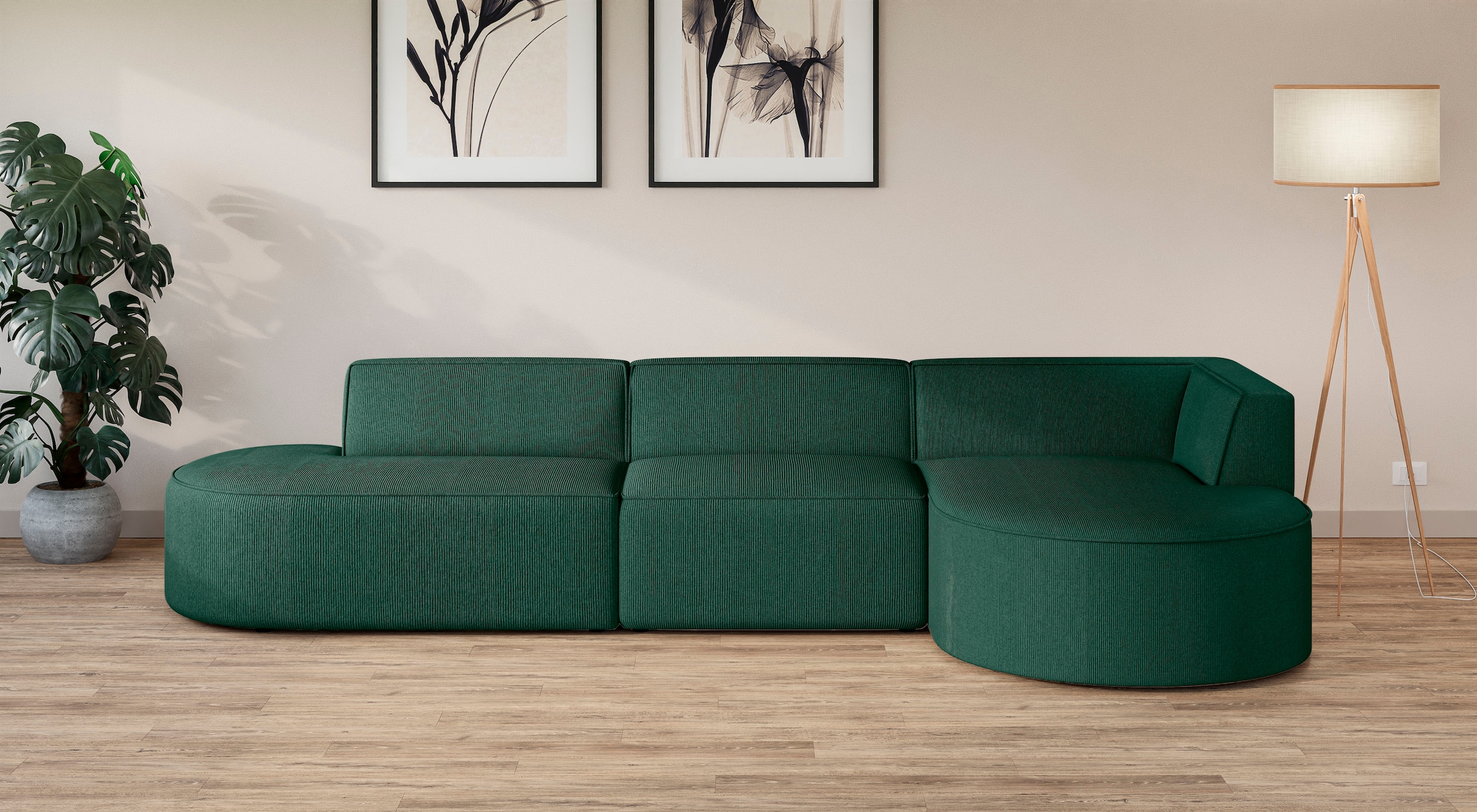 andas Ecksofa »EIVIND Designer Sofa mit Ottomane rechts/links, B/T/H: 343/159/72 cm«, L-Form mit Wellenunterfederung, auch in Feincord und Bouclé