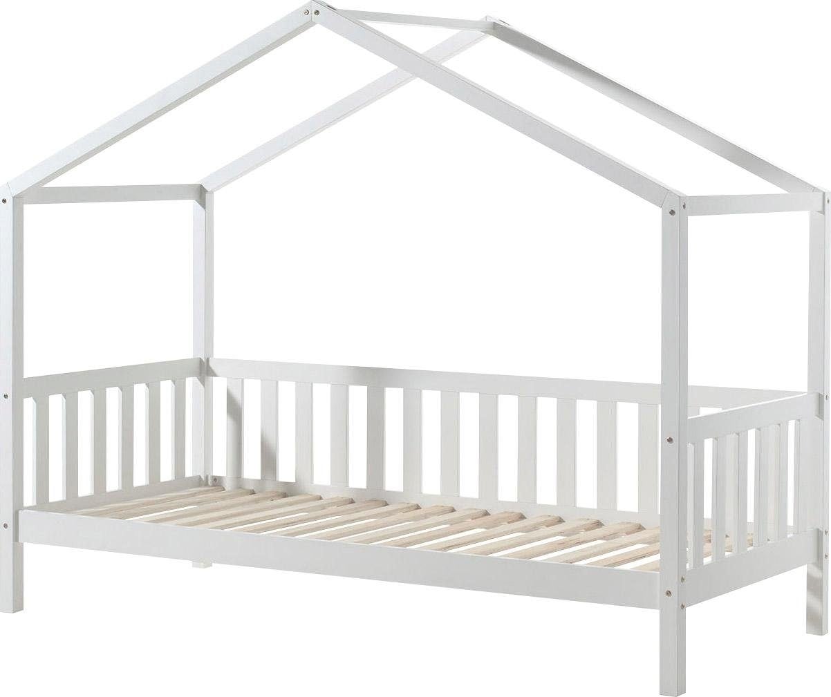 Image of Vipack Hausbett "Dallas, mit Dachaufbau, Kiefer massiv, stabil gebaut" B/H/T ca. 210x170x97cm, mit Sprossenumrandung, wahlweise mit oder ohne Bettschublade und Textilhimmel