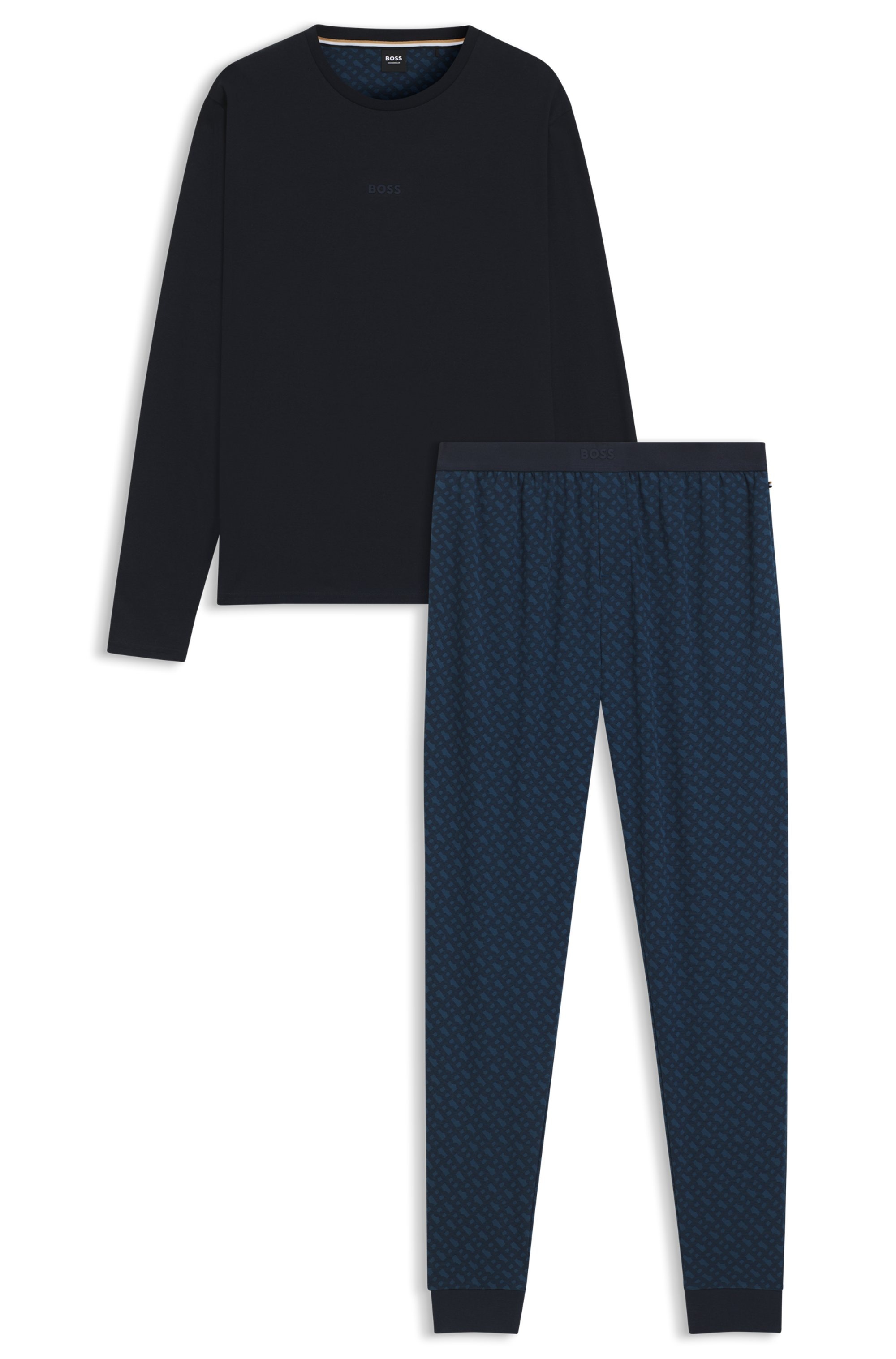 BOSS Pyjama »Relax Long Set«, (2 tlg.), Neuheit, Oberteil unifarben, Unterteil gemustert